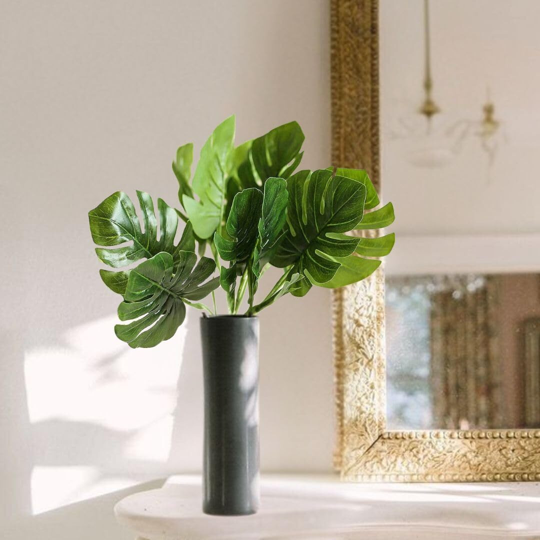 Satyam Kraft 12 Pcs Artificial Big Monstera Palm Leaves For Home Decoration, Office Desk, Gifting, Garden, Balcony, Bedroom, Wedding, Anniversary Decor,Table Decor (30Cm, Green, Fabric, Without Vase)