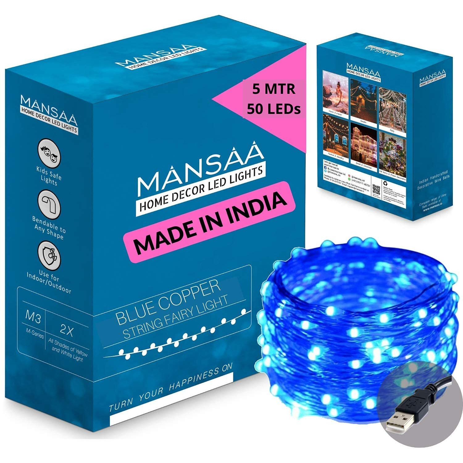Mansaa M23 Usb Led String Light | 5 Meter 50 Leds | Blue Color | Usb Operated | Home Decor Led Light