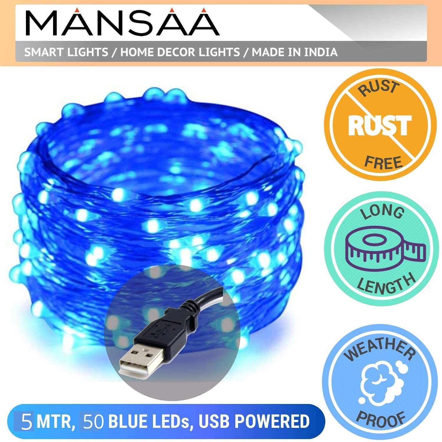 Mansaa M23 Usb Led String Light | 5 Meter 50 Leds | Blue Color | Usb Operated | Home Decor Led Light