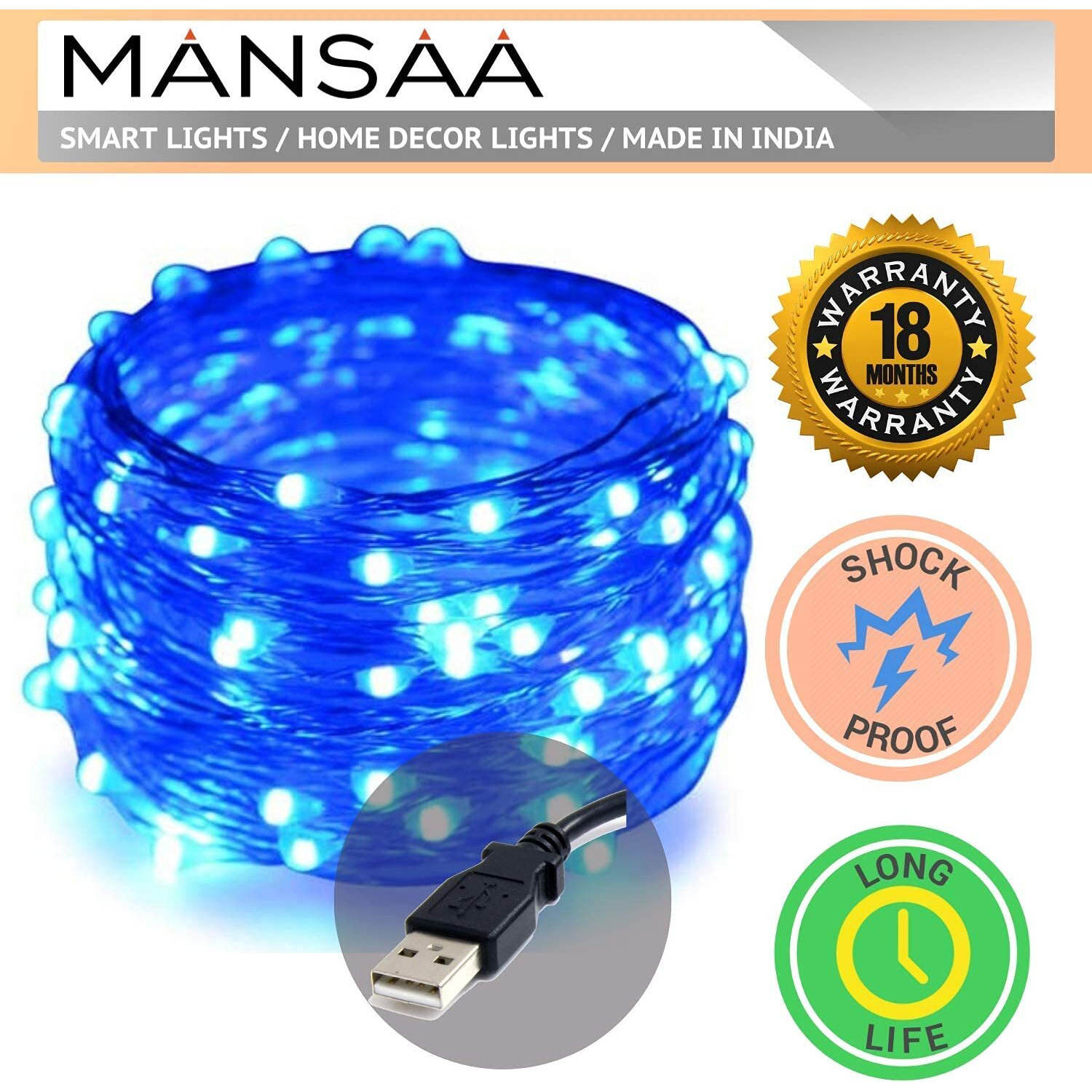Mansaa M23 Usb Led String Light | 5 Meter 50 Leds | Blue Color | Usb Operated | Home Decor Led Light