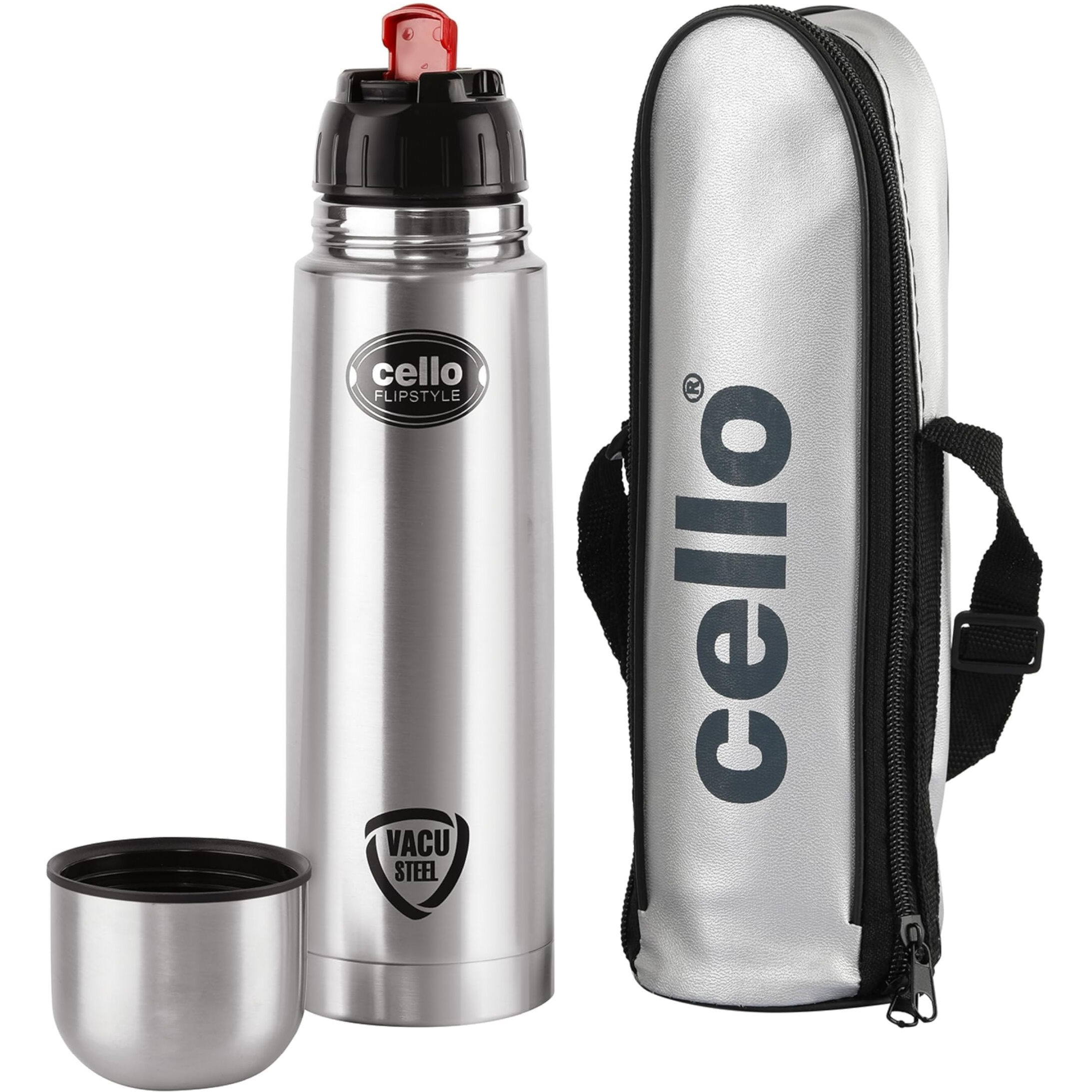 Cello Flipstyle Thermosteel Flask, 1000Ml, Silver | 24 Hours Hot And Cold Water Bottle | Flask For Tea Coffee | Rust & Leak Proof | Ideal For Office, Gym, Home, Kitchen, Hiking, Travel Bottle