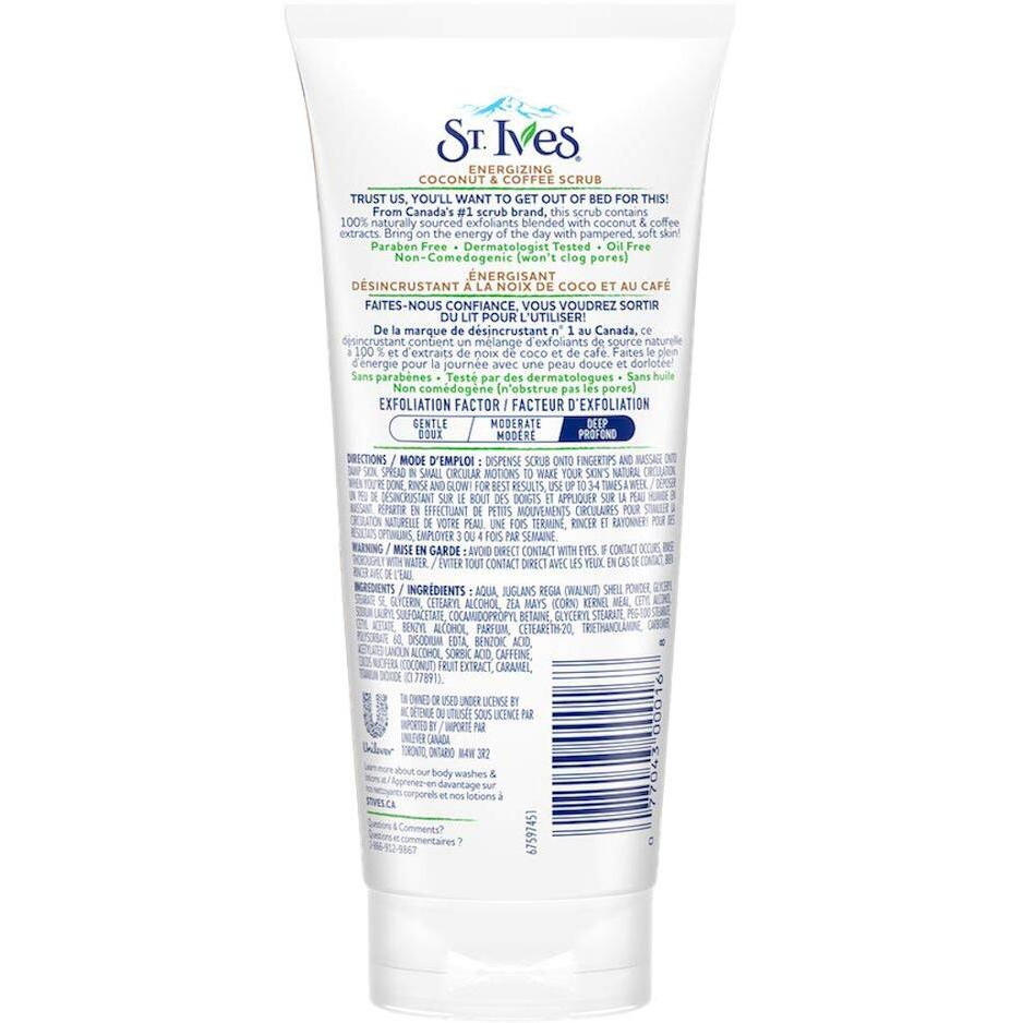 St. Ives Energizing Face Scrub, Coconut & Coffee, Deep Cleanser For Bright Skin, Paraben Free, Dermatologically Tested, 170 Gm