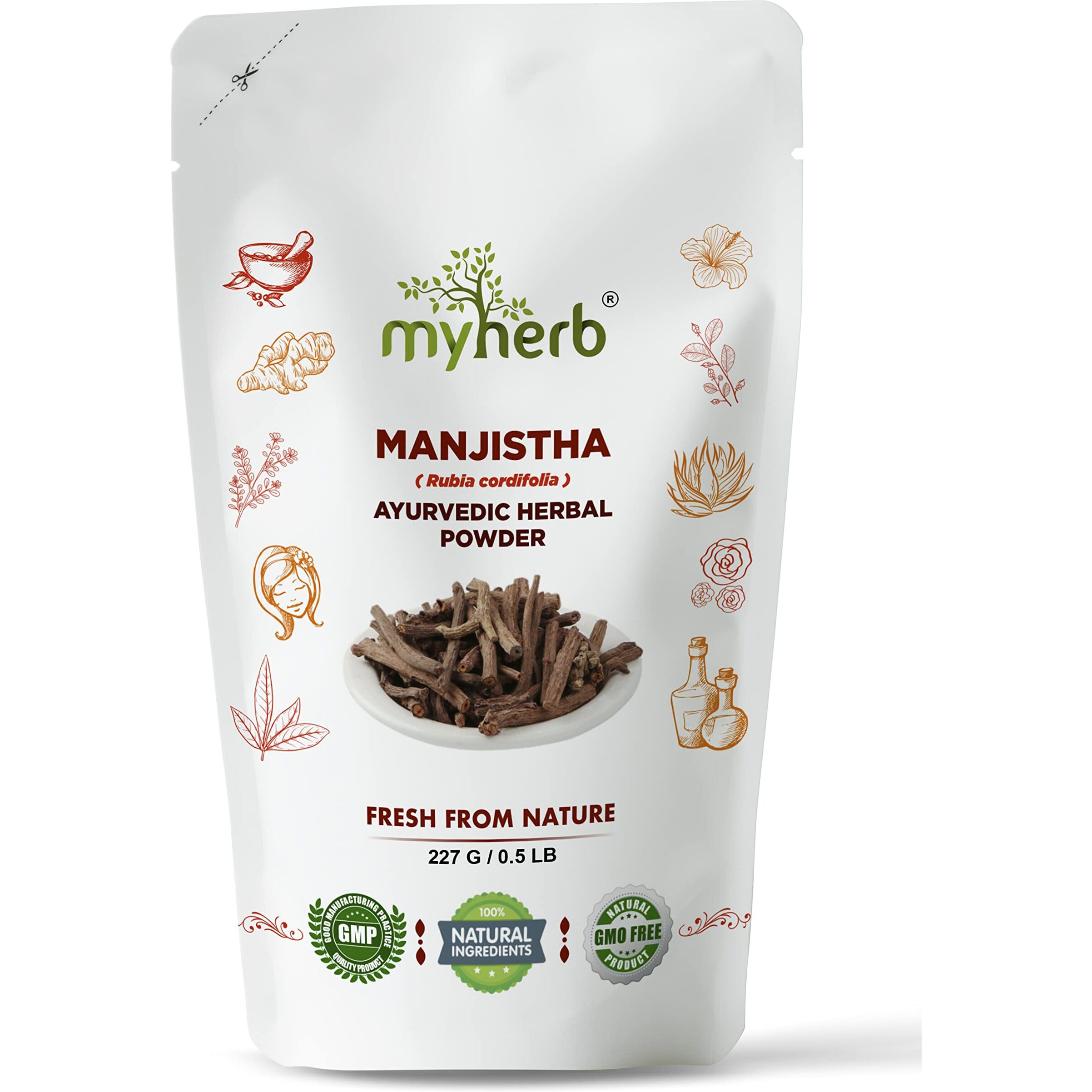 Myherb 100% Pure Natural Organic Manjistha (Rubia Cordifolia) Powder || 227 Gm/0.5 Lbs || Ayurvedic Herbal Powder || For Hair,Face,Internal Consume || For Men & Women
