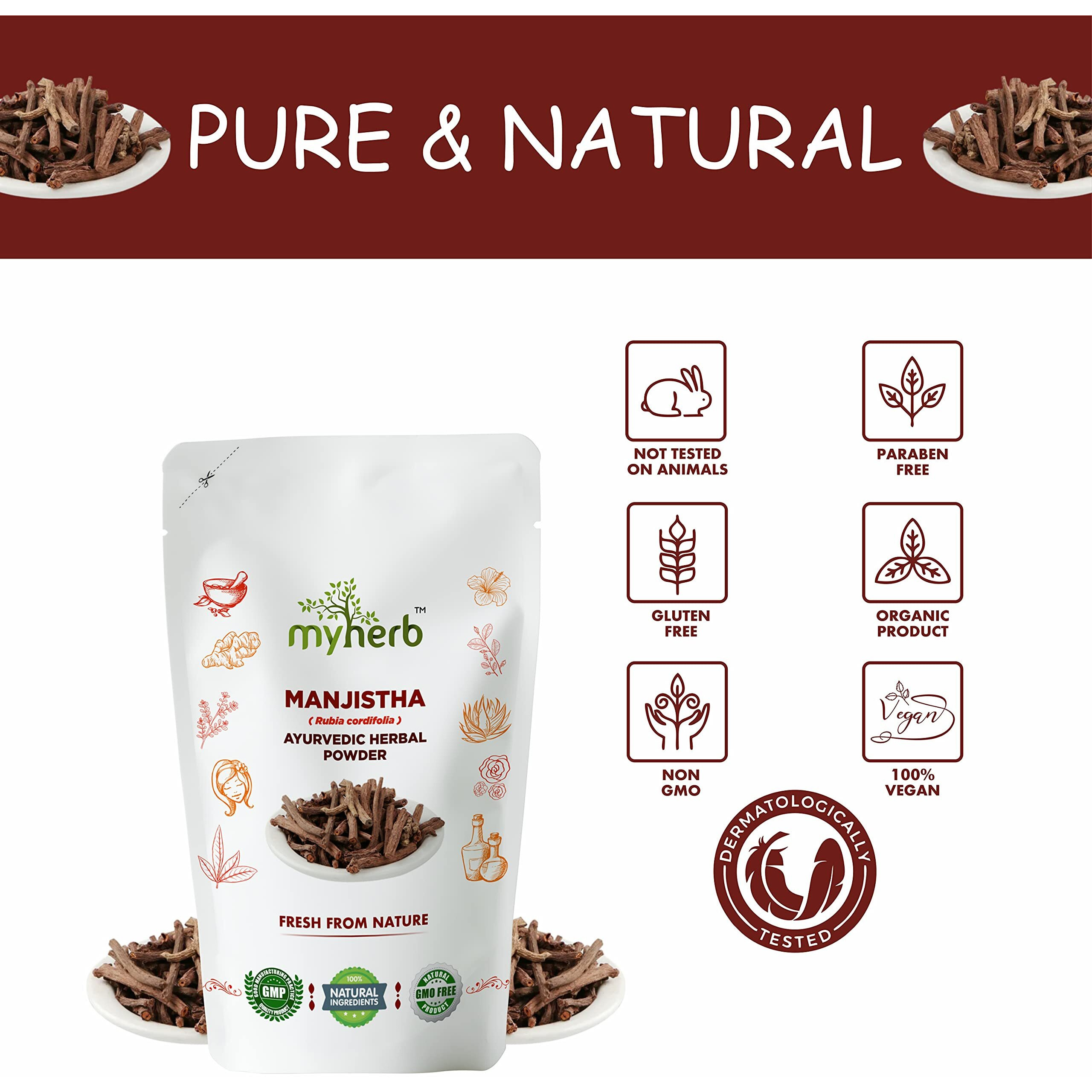 Myherb 100% Pure Natural Organic Manjistha (Rubia Cordifolia) Powder || 227 Gm/0.5 Lbs || Ayurvedic Herbal Powder || For Hair,Face,Internal Consume || For Men & Women