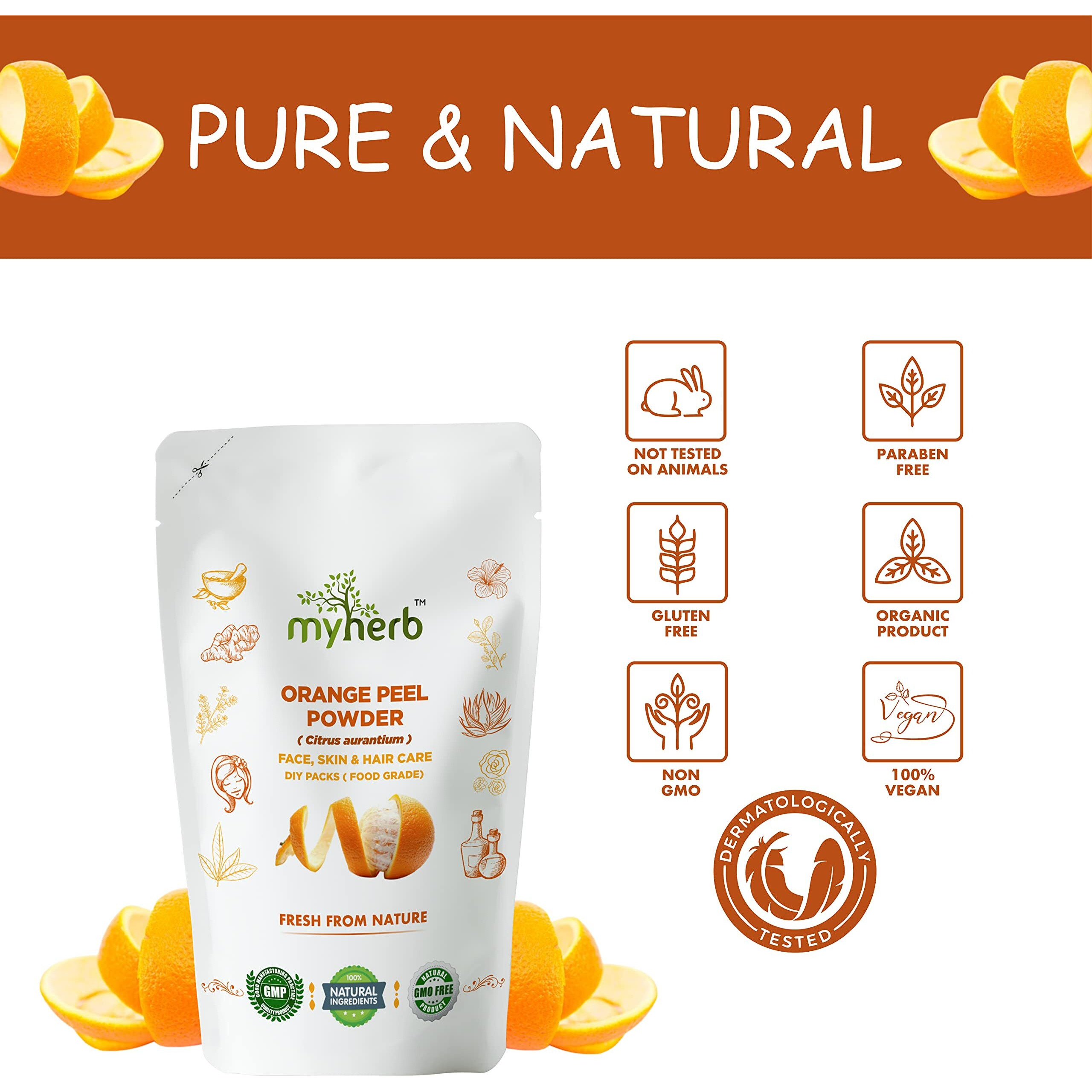 Myherb 100% Pure Natural Organic Orange Peel Powder (Citrus Aurantium) || 227 Gm/0.5 Lbs || Ayurvedic Formula || Vitamic C || For Face, Skin Whitening & Hair Care || (Santra Chilka Powder)
