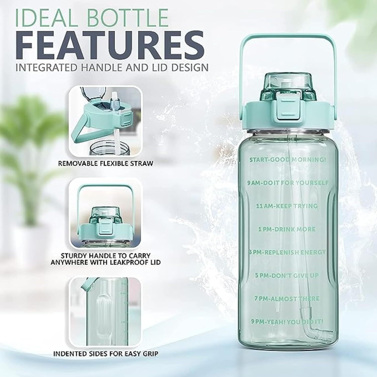 2 L Capacity Belt Straw Transparent Motivational Water Bottles| Leakproof Durable Non-Toxic Sipper | |Best Usage For School/College/Office/Travel Bottle | Bpa-Free Fitness Sports Bottle (Green)
