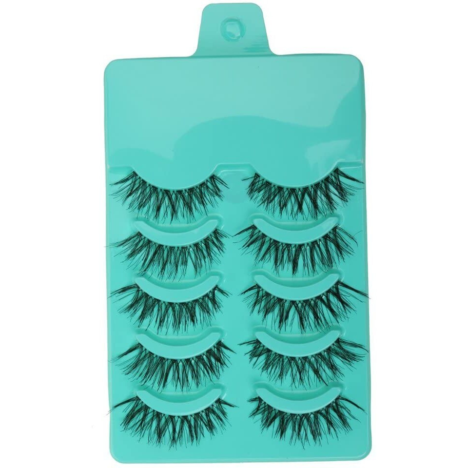 Maycreate 5 Pairs Beauty Makeup Handmade Messy Cross Style False Eyelashes, Reusable Natural Fluffy Faux Lashes, Thick Long 15Mm, Soft Comfortable No Glue Needed, Black Synthetic Fiber, Green