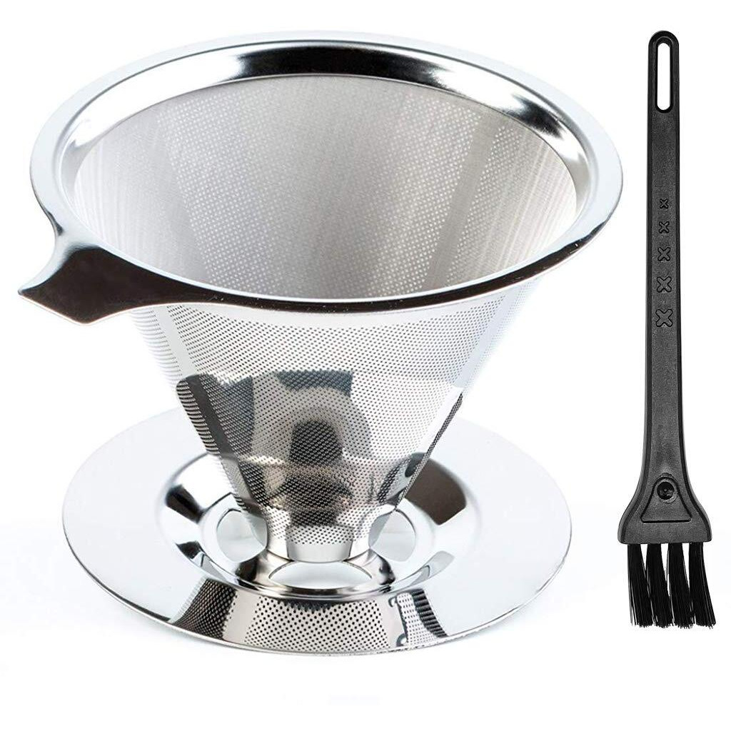 Hasthip Pour Over Coffee Dripper-Stainless Steel Reusable Drip Cone Coffee Filter-Paperless Metal Fine Mesh Strainer Coffee Brewer-Coffee Maker 1-6 Cup With Non-Slip Cup Stand And Cleaning Brush