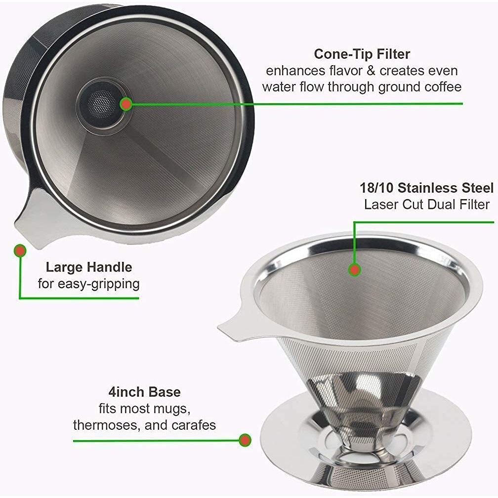 Hasthip Pour Over Coffee Dripper-Stainless Steel Reusable Drip Cone Coffee Filter-Paperless Metal Fine Mesh Strainer Coffee Brewer-Coffee Maker 1-6 Cup With Non-Slip Cup Stand And Cleaning Brush