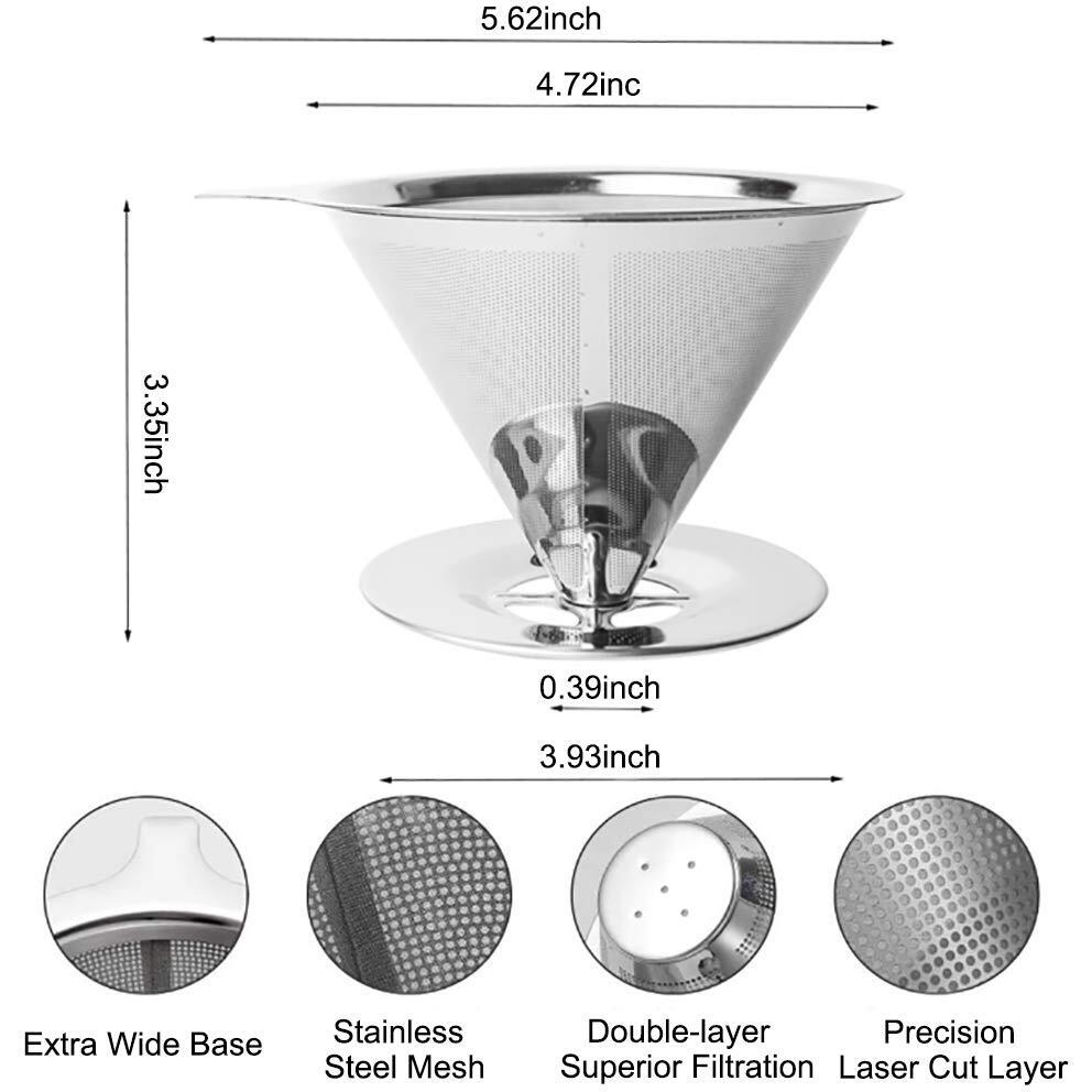 Hasthip Pour Over Coffee Dripper-Stainless Steel Reusable Drip Cone Coffee Filter-Paperless Metal Fine Mesh Strainer Coffee Brewer-Coffee Maker 1-6 Cup With Non-Slip Cup Stand And Cleaning Brush