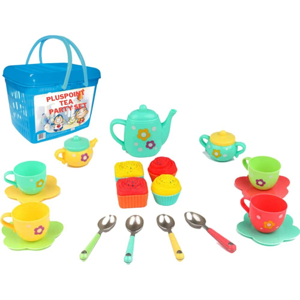 Pluspoint 20Pc Tea Set With Basket Tea Party Pretend Playset For Kids, Teapot Play Set Pretend Play Set Girls Kitchen Toy Teapot Gift For Toddler Kids Boys Girls 3 Years Old (Tea Set With Basket)