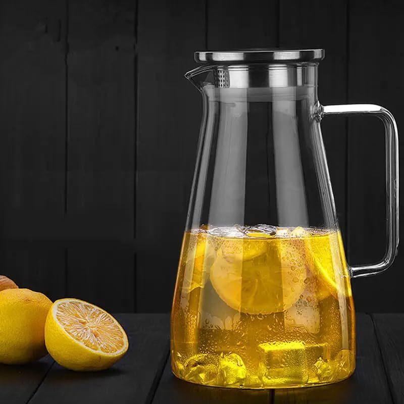 Vilon Premium Borosilicate Glass Water Jug  1.8 Ltr, Transparent Hot & Cold Water Pitcher With Lid, Iced Tea, Milk, Juice & Lemonade Beverage Carafe, 1.80L, Durable Glass Jug For Home & Parties