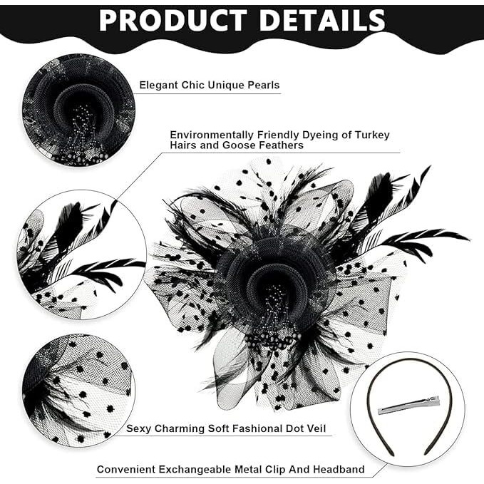 Chidakash Fascinator Hats For Women Flower Mesh Feathers Headband Cocktail Tea Party Headwear Vintage Ladies Hair Clip (Black)
