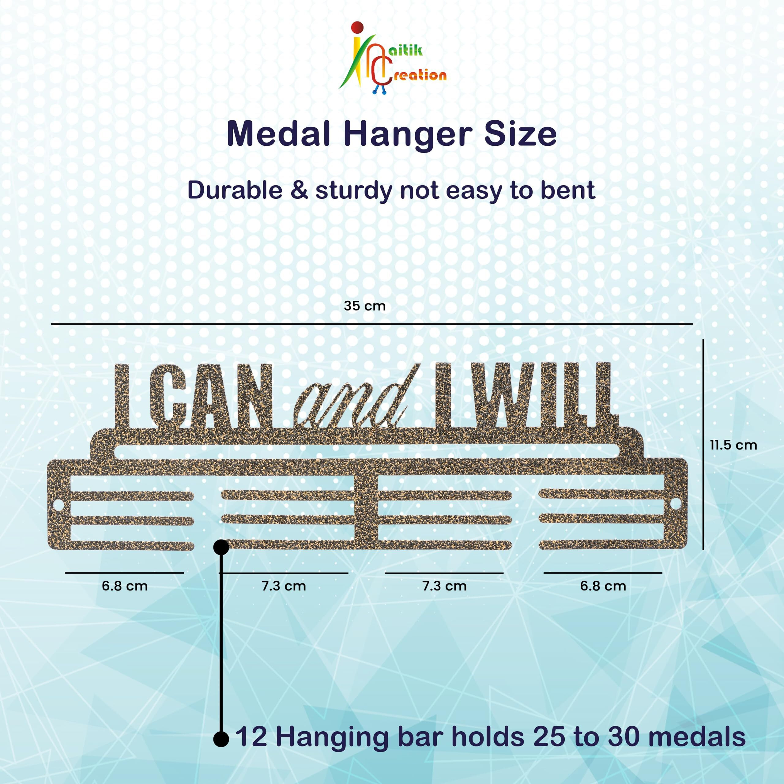 Naitik Creation Medal Hangers For Wall | Display Medal Holder Hanger - Holds Up To 60 Medals, Sports Wall Display, Premium Antique Golden Finish (I Can I Will)