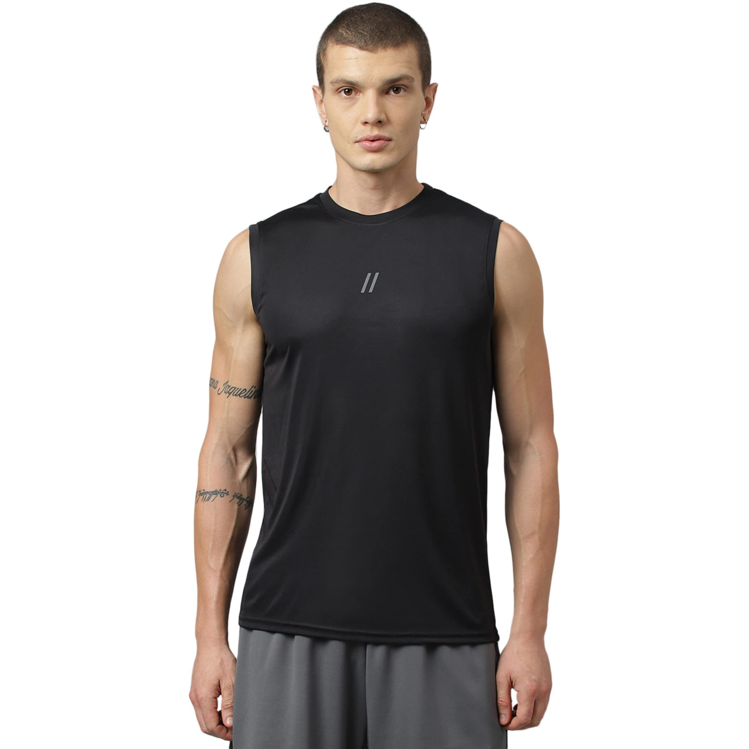 Aticx Men's Slim Fit Polyester Sleeveless T Shirt - Sando Top Tank Muscle Tee For Sports, Gym, Running (Brilliant Black_Xl)