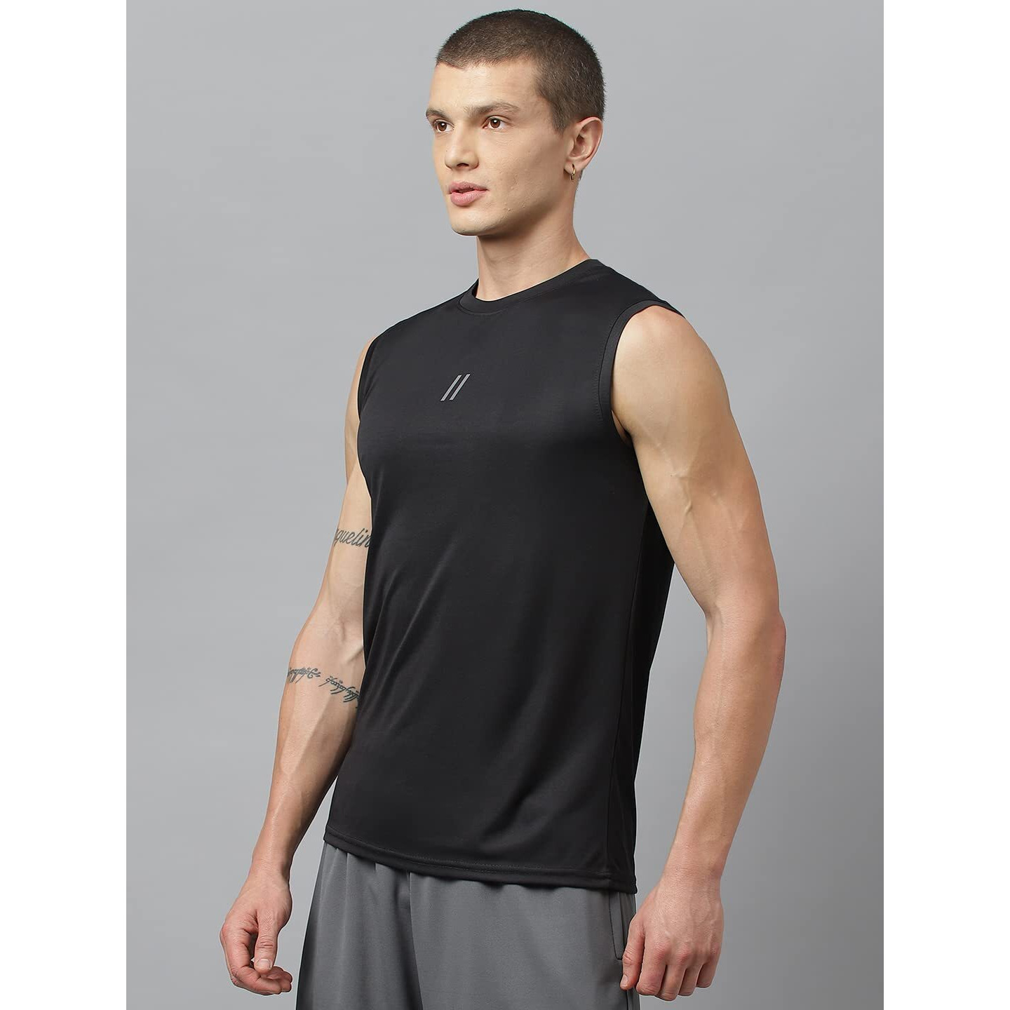 Aticx Men's Slim Fit Polyester Sleeveless T Shirt - Sando Top Tank Muscle Tee For Sports, Gym, Running (Brilliant Black_Xl)