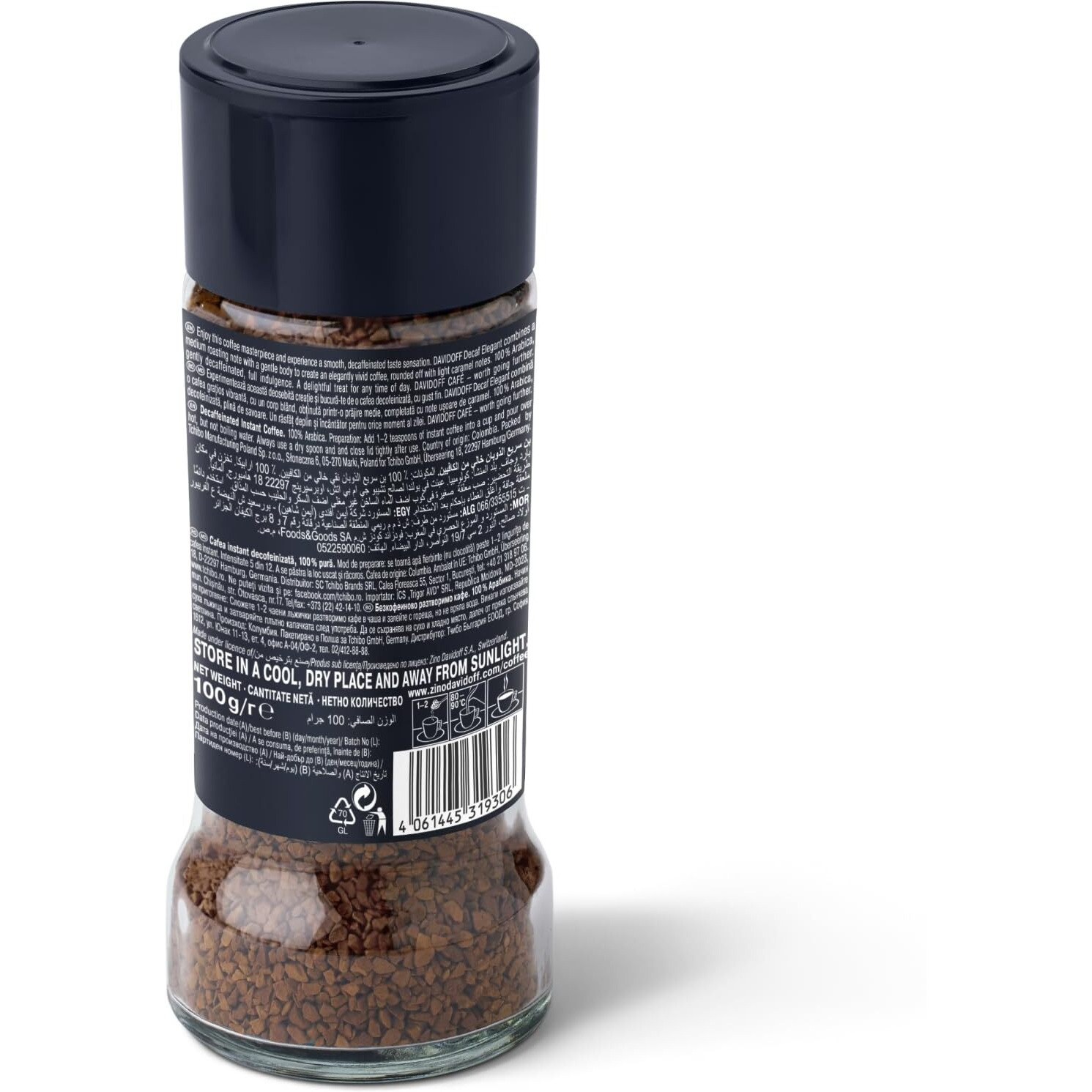 Davidoff Decaf Elegant Instant Coffee - 6/12 Intensity - 100% Arabica - 100G, Granule, Glass Bottle