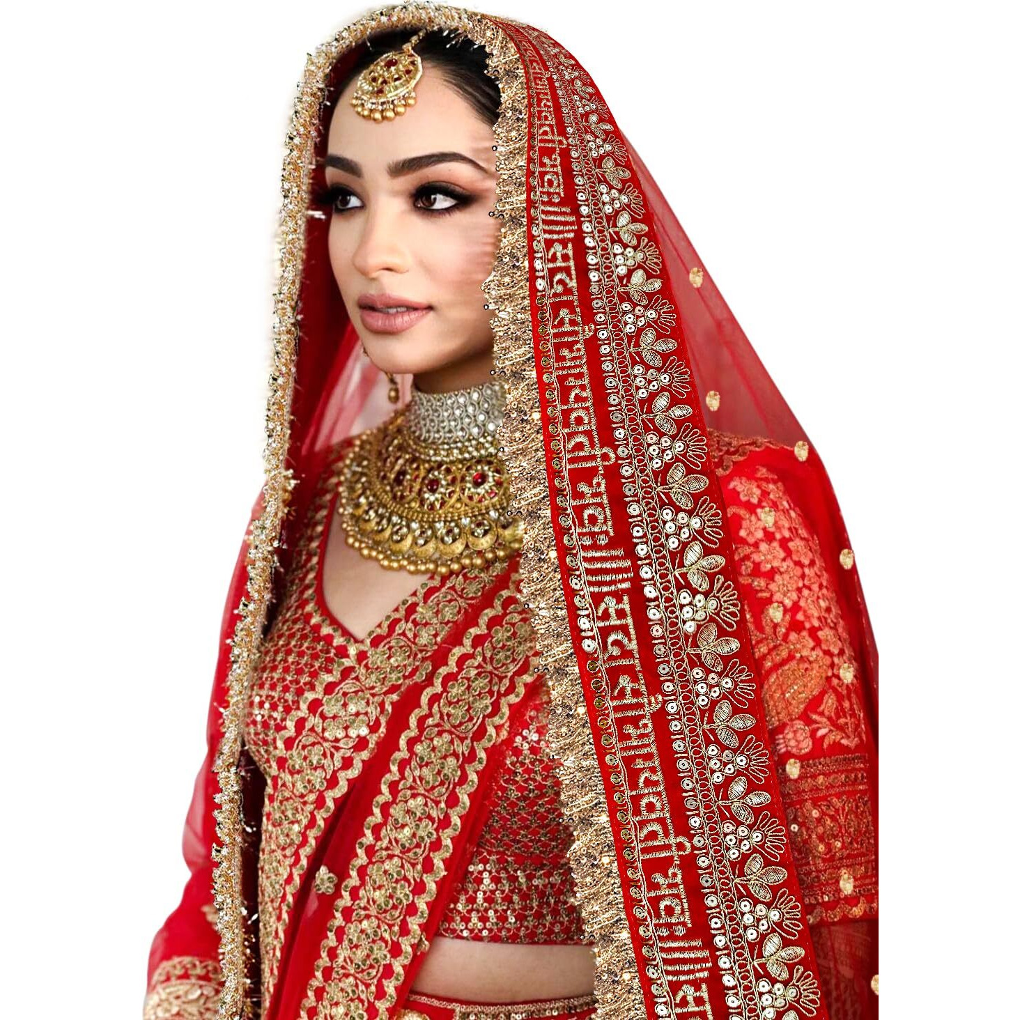 Kaevion 2.5M Red Net Sada Saubhagyawati Bhav Bridal Wedding Dupatta With Sequins Lace | Bridal Women's Net Dupatta | Traditional Dulhan Entry Chunni | Designer Contrast Dupatta For Lehenga Saree