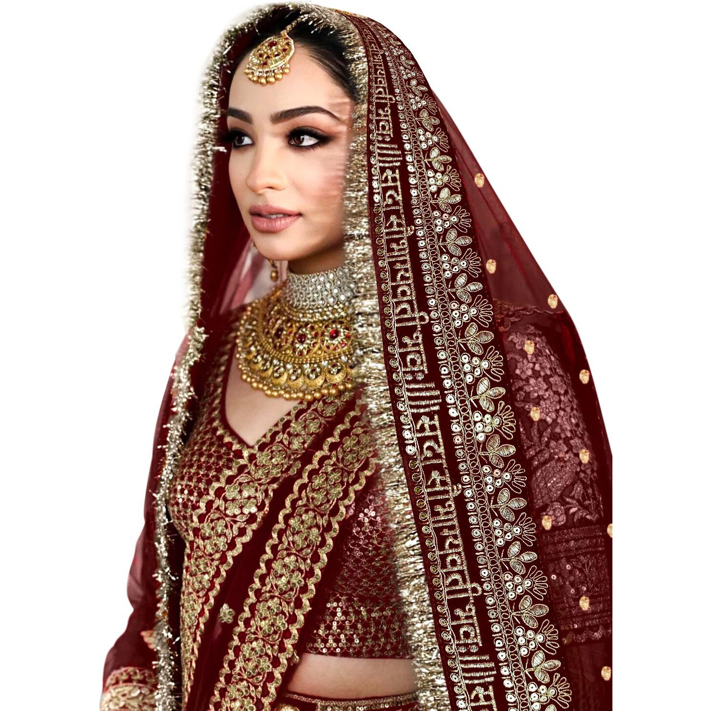Kaevion Women Maroon Net 2.5 Meter Sada Saubhagyawati Bhav Wedding Dupatta With Kiran Lace | Embroidered Traditional Bridal Dupatta For Special Occasion | Dulhan Chunni | Designer Contrast Dupatta