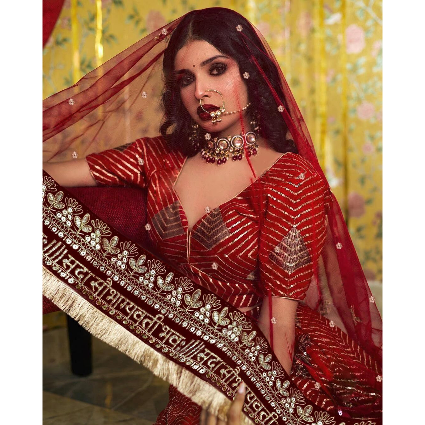 Kaevion Women Maroon Net 2.5 Meter Sada Saubhagyawati Bhav Wedding Dupatta With Kiran Lace | Embroidered Traditional Bridal Dupatta For Special Occasion | Dulhan Chunni | Designer Contrast Dupatta