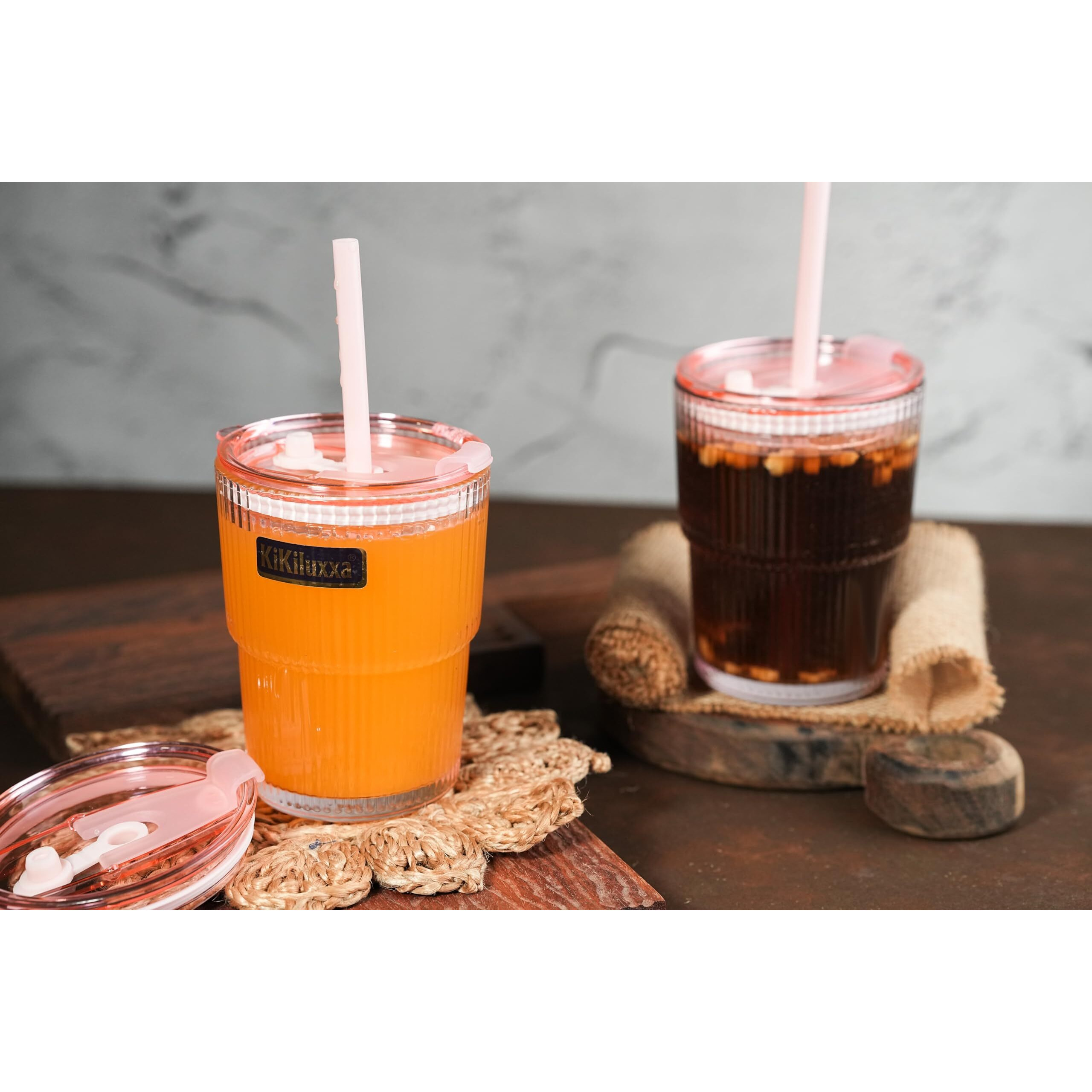 Kikiluxxa Coffee Can Glass Sipper Tumbler With Lid Straw - 400Ml-Pack Of 1- Green Tea Fruit Juice Milk Glass Cup Mug With Lid And Straw (Trandex P 1)