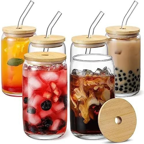 Kikiluxxa Coffee Can Glass Sipper Tumbler With Lid Straw - 510Ml-Pack Of 1- Green Tea Fruit Juice Milk Glass Cup Mug With Lid And Straw (Polozbl 1)