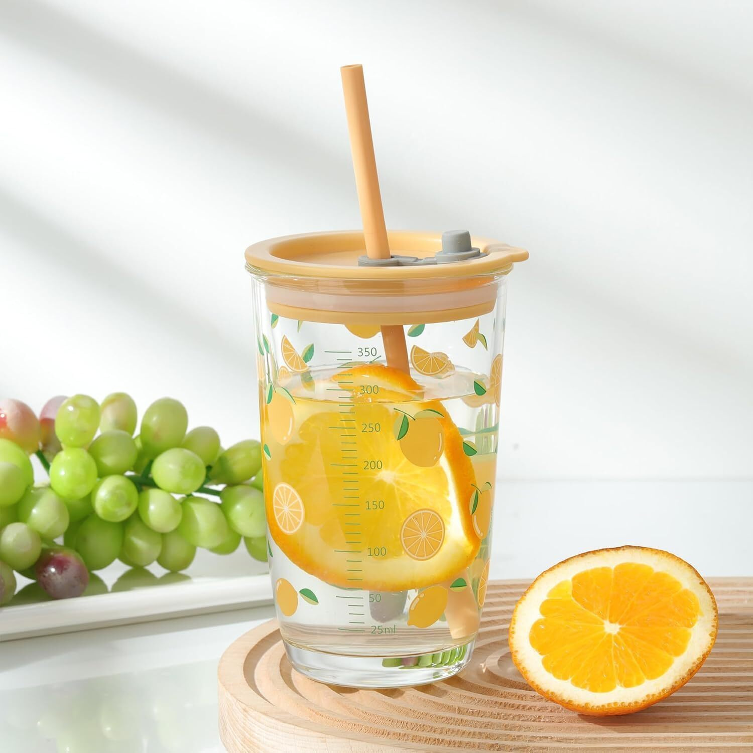 Kikiluxxa Coffee Can Glass Sipper Tumbler With Lid Straw - 400Ml-Pack Of 1- Green Tea Fruit Juice Milk Glass Cup Mug With Lid And Straw (Mirezon W 1)