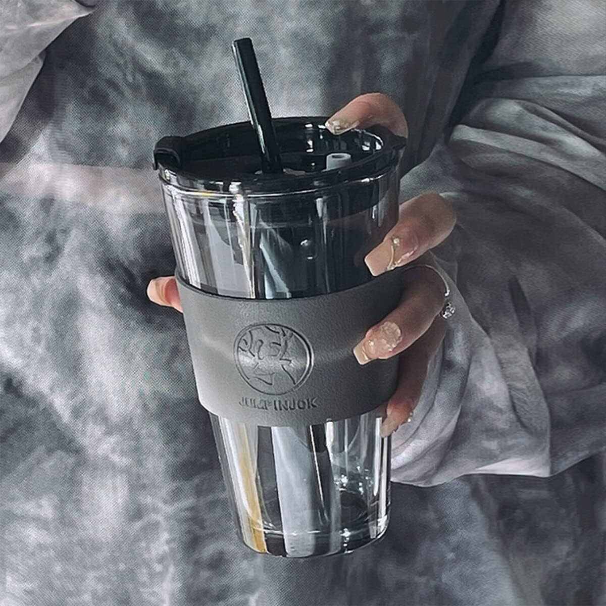 Kikiluxxa Coffee Can Glass Sipper Tumbler With Lid Straw - 400Ml-Pack Of 1- Green Tea Fruit Juice Milk Glass Cup Mug With Lid And Straw (Franxozx 1)
