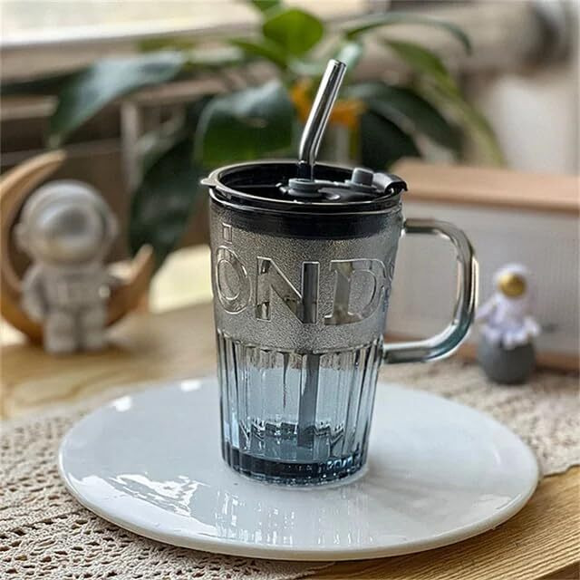 Kikiluxxa Coffee Can Glass Sipper Tumbler With Lid Straw - 400Ml-Pack Of 1- Green Tea Fruit Juice Milk Glass Cup Mug With Lid And Straw (Lizeria 1)