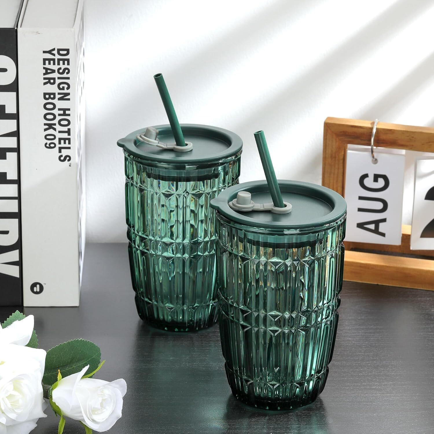 Kikiluxxa Coffee Can Glass Sipper Tumbler With Lid Straw - 400Ml-Pack Of 1- Green Tea Fruit Juice Milk Glass Cup Mug With Lid And Straw (Tropexz 1)