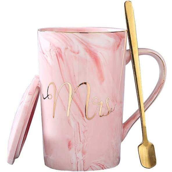 Shoppofobix Ceramic Marble Finish Coffee Mug With Lid & Spoon For Anniversary Wedding Engagement Valentine Gifts For Couple Teachers Women Men Husband Wife With Gift Box (Mrs. Coffee Cup)