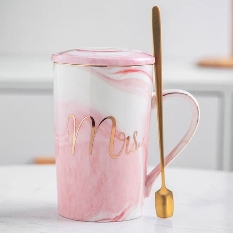Shoppofobix Ceramic Marble Finish Coffee Mug With Lid & Spoon For Anniversary Wedding Engagement Valentine Gifts For Couple Teachers Women Men Husband Wife With Gift Box (Mrs. Coffee Cup)