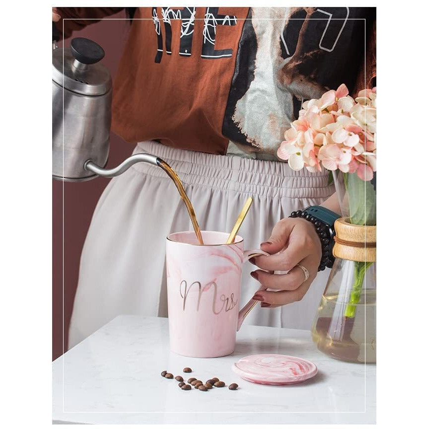 Shoppofobix Ceramic Marble Finish Coffee Mug With Lid & Spoon For Anniversary Wedding Engagement Valentine Gifts For Couple Teachers Women Men Husband Wife With Gift Box (Mrs. Coffee Cup)