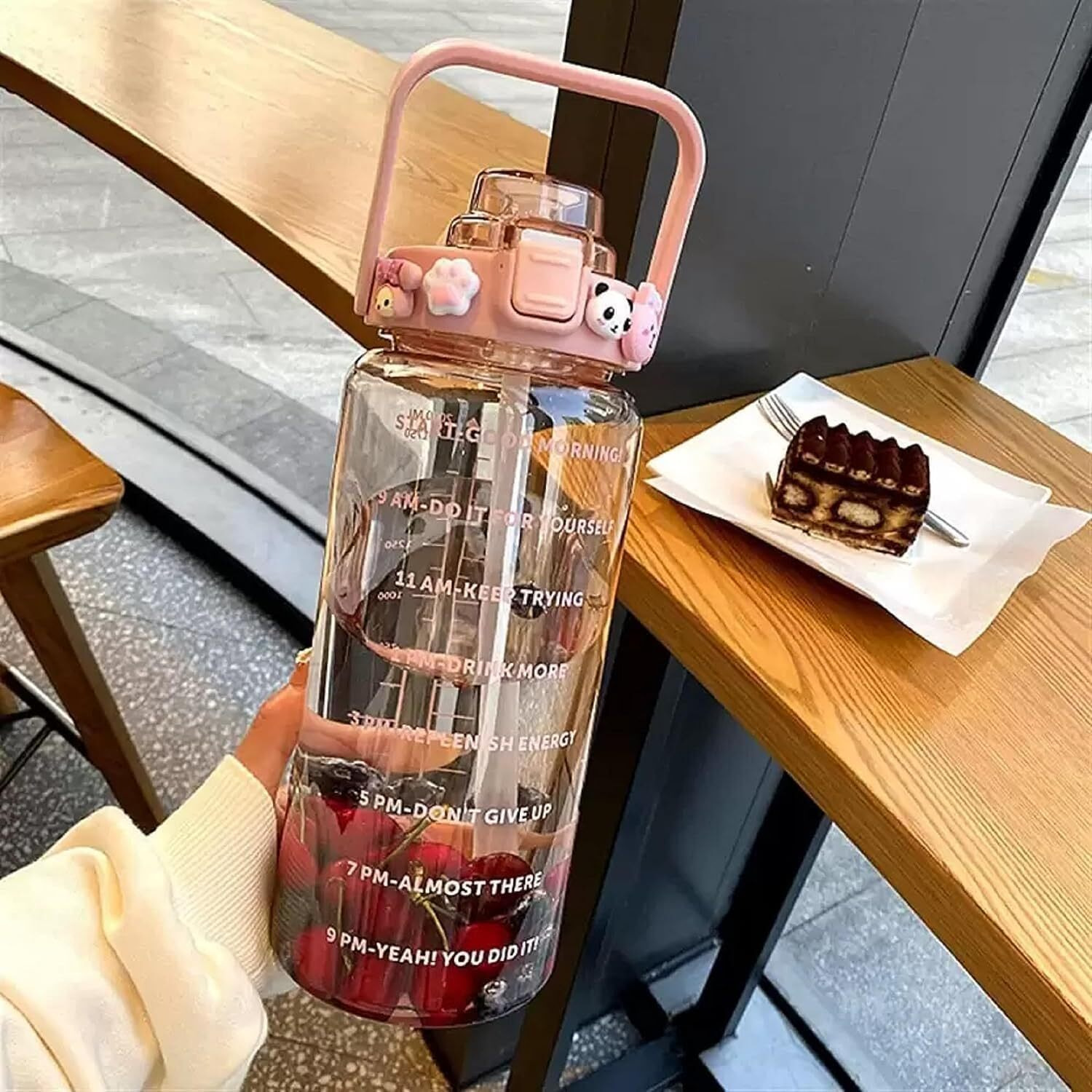 2 L Capacity Belt Straw Transparent Motivational Water Bottles| Leakproof Durable Non-Toxic Sipper | |Best Usage For School/College/Office/Travel Bottle | Bpa-Free Fitness Sports Bottle (Pink)