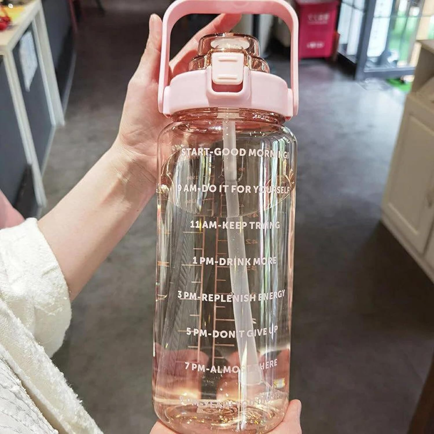 2 L Capacity Belt Straw Transparent Motivational Water Bottles| Leakproof Durable Non-Toxic Sipper | |Best Usage For School/College/Office/Travel Bottle | Bpa-Free Fitness Sports Bottle (Pink)