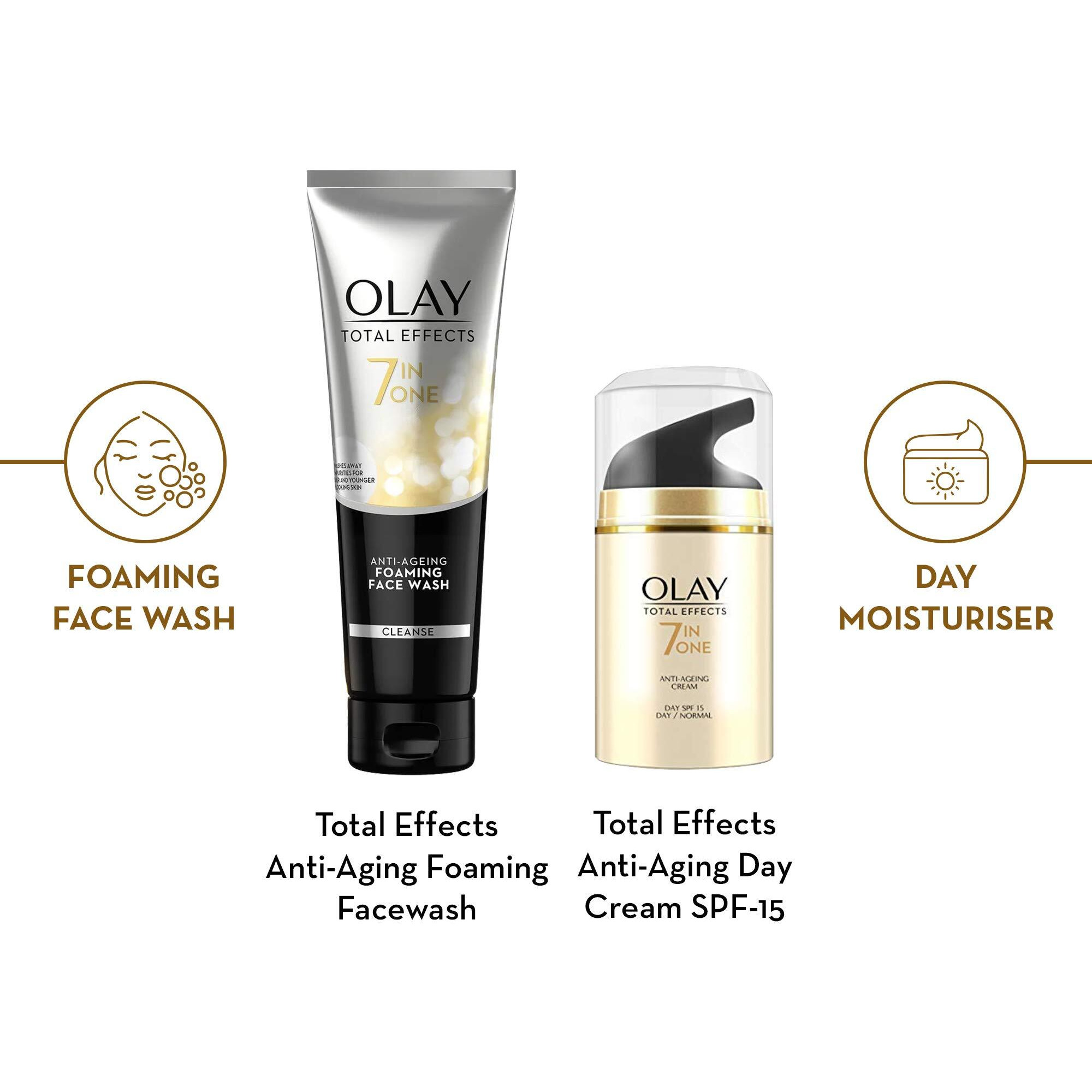 Olay Total Effects Giftpack - Day Cream With Spf 15 50Gm + Cleanser 100G | Fights 7 Signs Of Ageing | With Niacinamide And Green Tea Extracts | Normal, Oily, Dry, Combination Skin | Pack Of 2