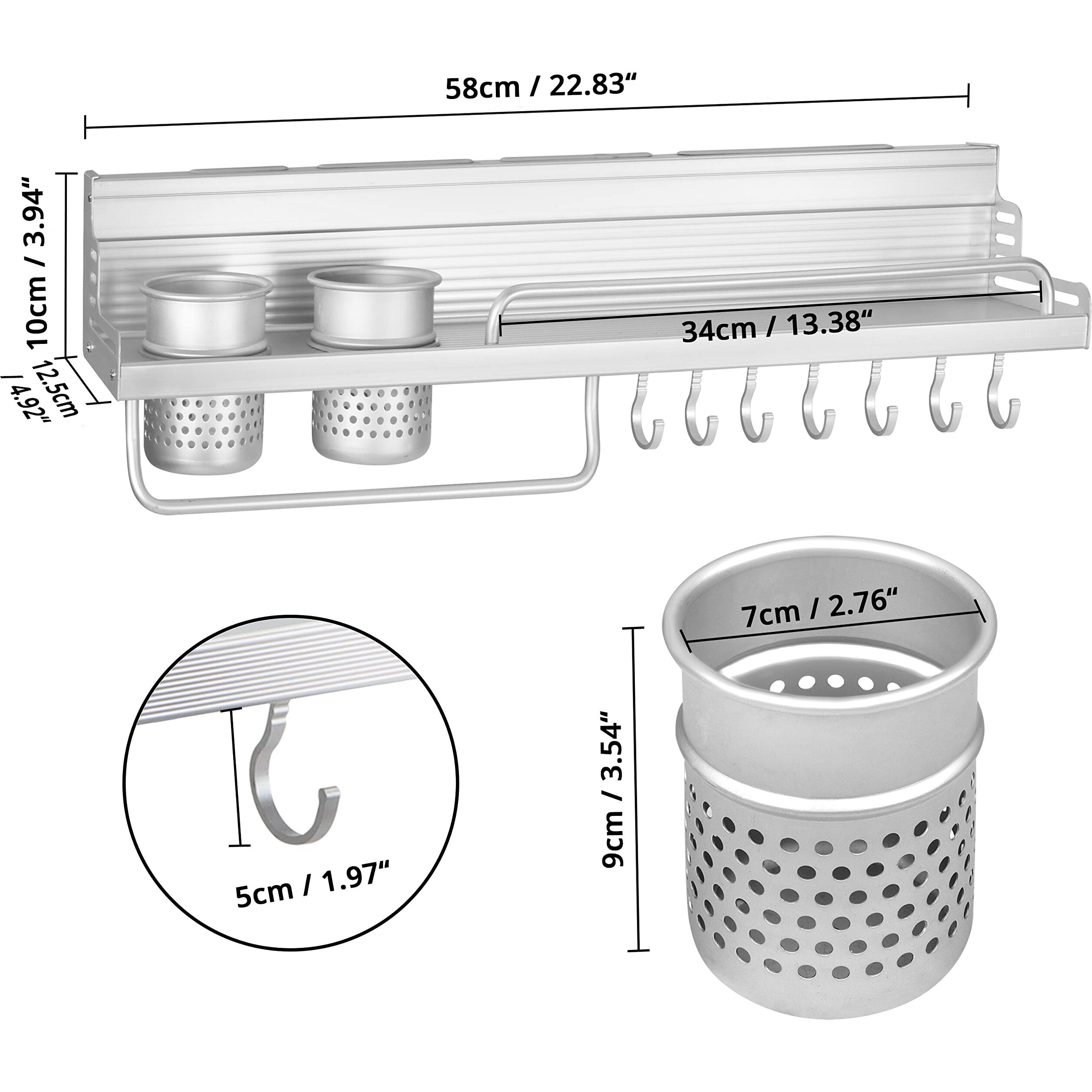 About Space Multifunctional Wall Mount Aluminium Hanging Utensil Display Rack - Shelf For Ladles Spoons Pans Spices Cutlery Cookware With Knife And Hand Towel Holder- 58X12.5X10 Cm, Hanging Shelves