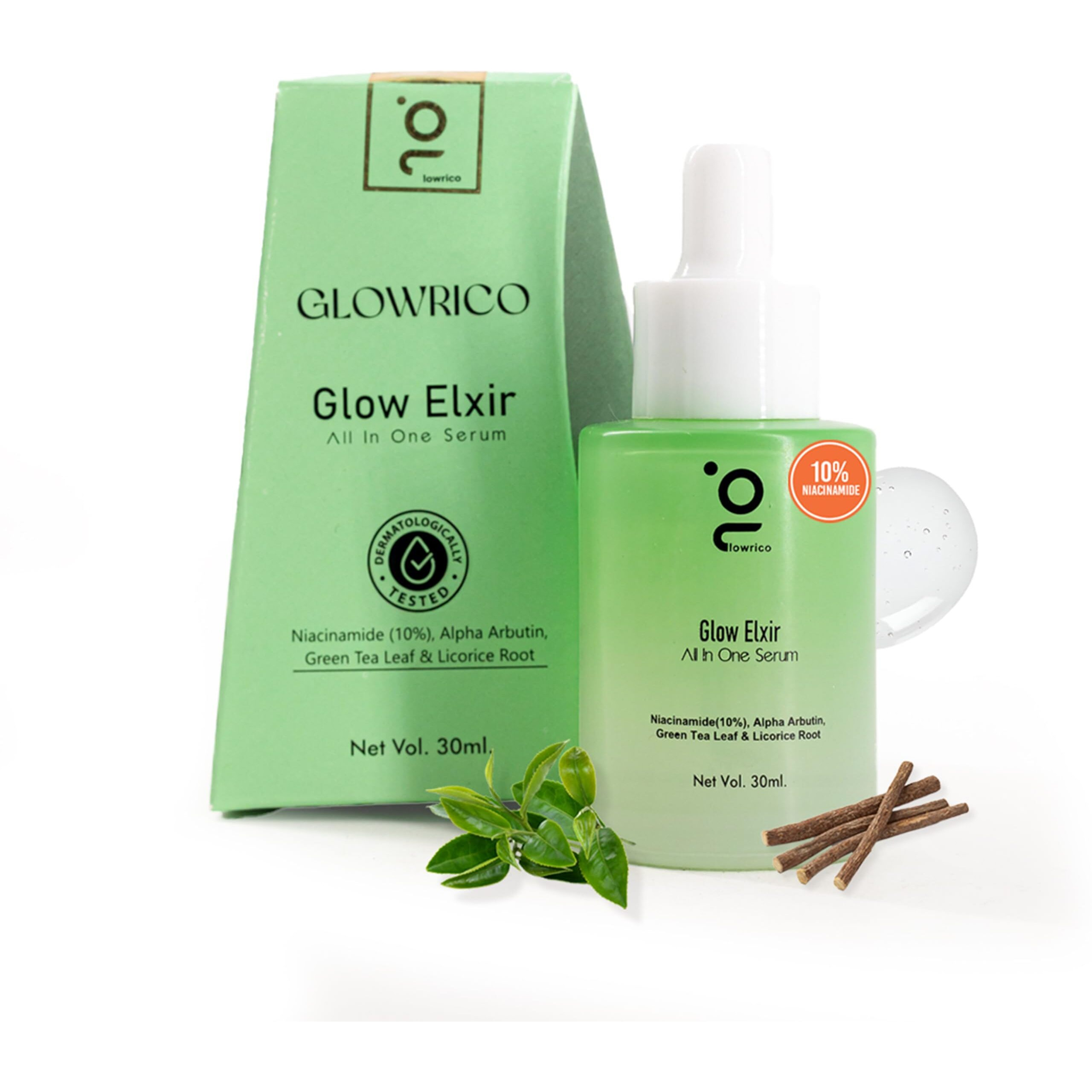 Glowrico Glow Elxir Face Serum| Niacinamide 10%, Alpha Arbutin, Green Tea, Licorice Root|Brightening, Anti-Aging, Hydrating |For Dark Spots, Acne Scars, Wrinkles | All Skin Types (30Ml)