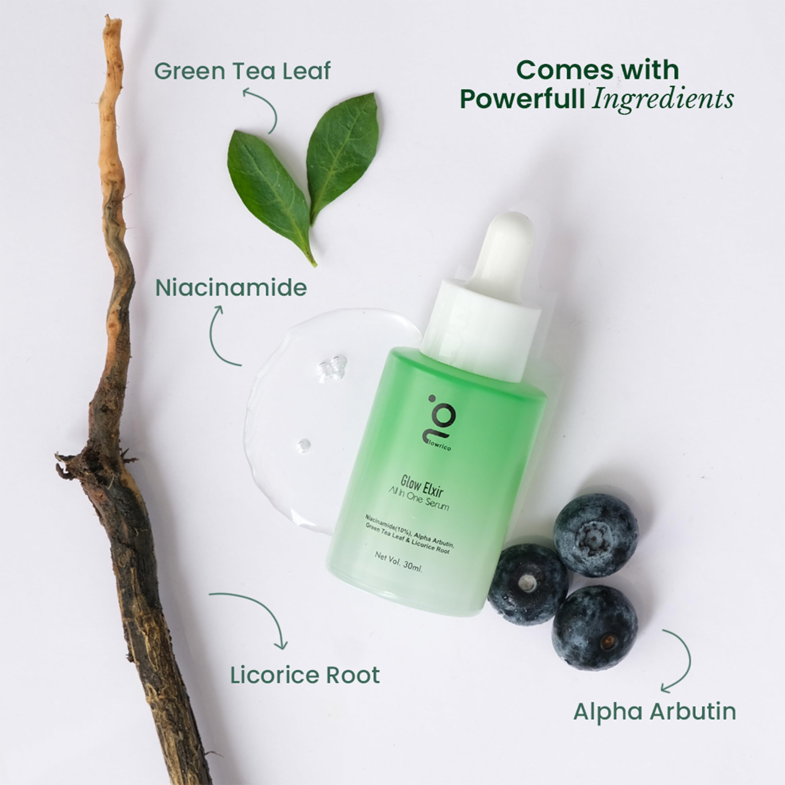 Glowrico Glow Elxir Face Serum| Niacinamide 10%, Alpha Arbutin, Green Tea, Licorice Root|Brightening, Anti-Aging, Hydrating |For Dark Spots, Acne Scars, Wrinkles | All Skin Types (30Ml)