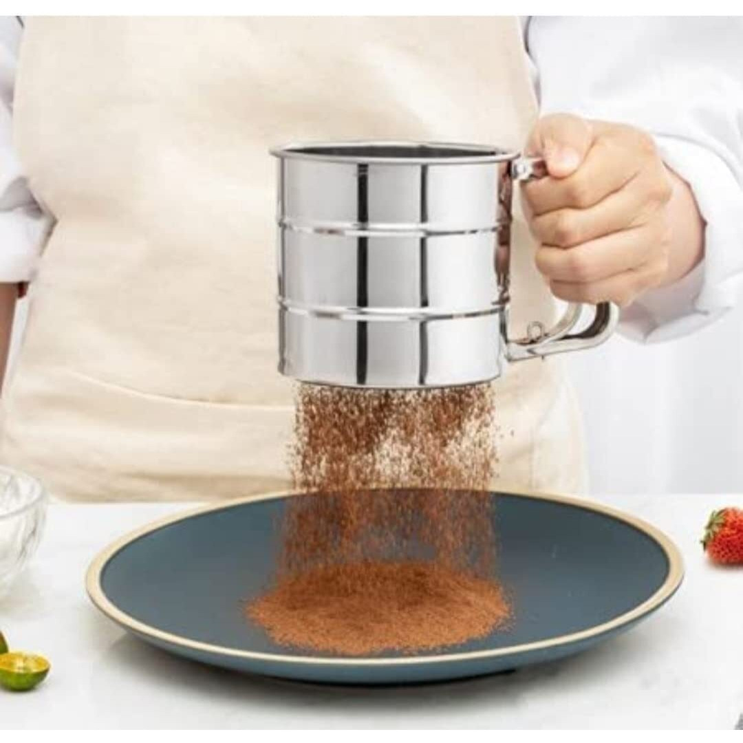 Veloxi Flour Sifter For Baking Atta Chhani Hand Press Design Stainless Steel Flour Sifter Corrosion Resistant Large Capacity Flour Sieve Cup For Sugar Flour And Coffee Powder | Atta Chalni