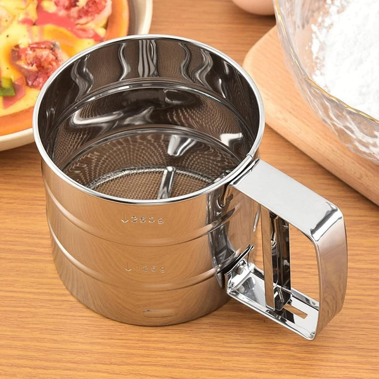 Veloxi Flour Sifter For Baking Atta Chhani Hand Press Design Stainless Steel Flour Sifter Corrosion Resistant Large Capacity Flour Sieve Cup For Sugar Flour And Coffee Powder | Atta Chalni