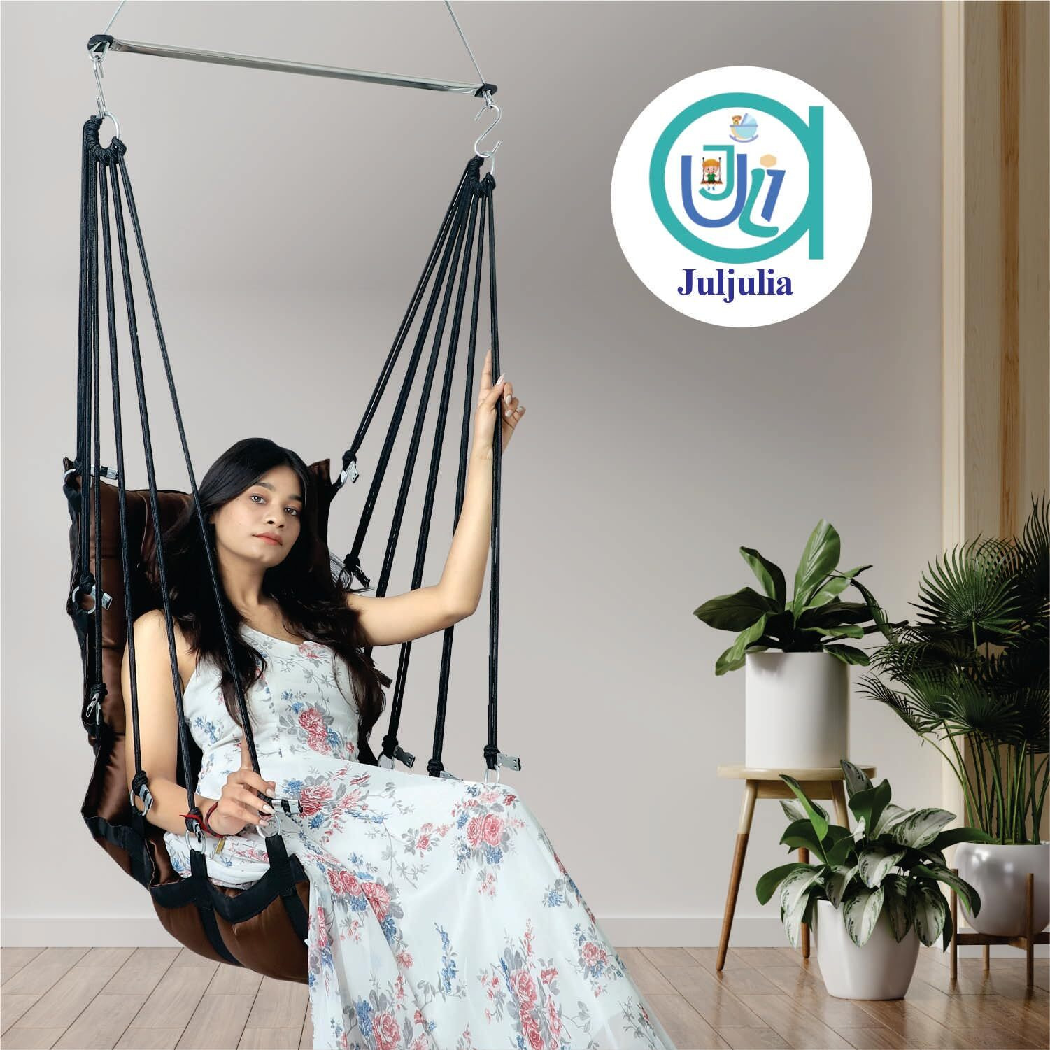 Juljulia Hammock Swing Hanging Chair Uyyala Jula For Adult Kids Indoor Outdoor Balcony Sturdy Cotton Weave Max 200 Kgs - Plain Coffee - Dn-12