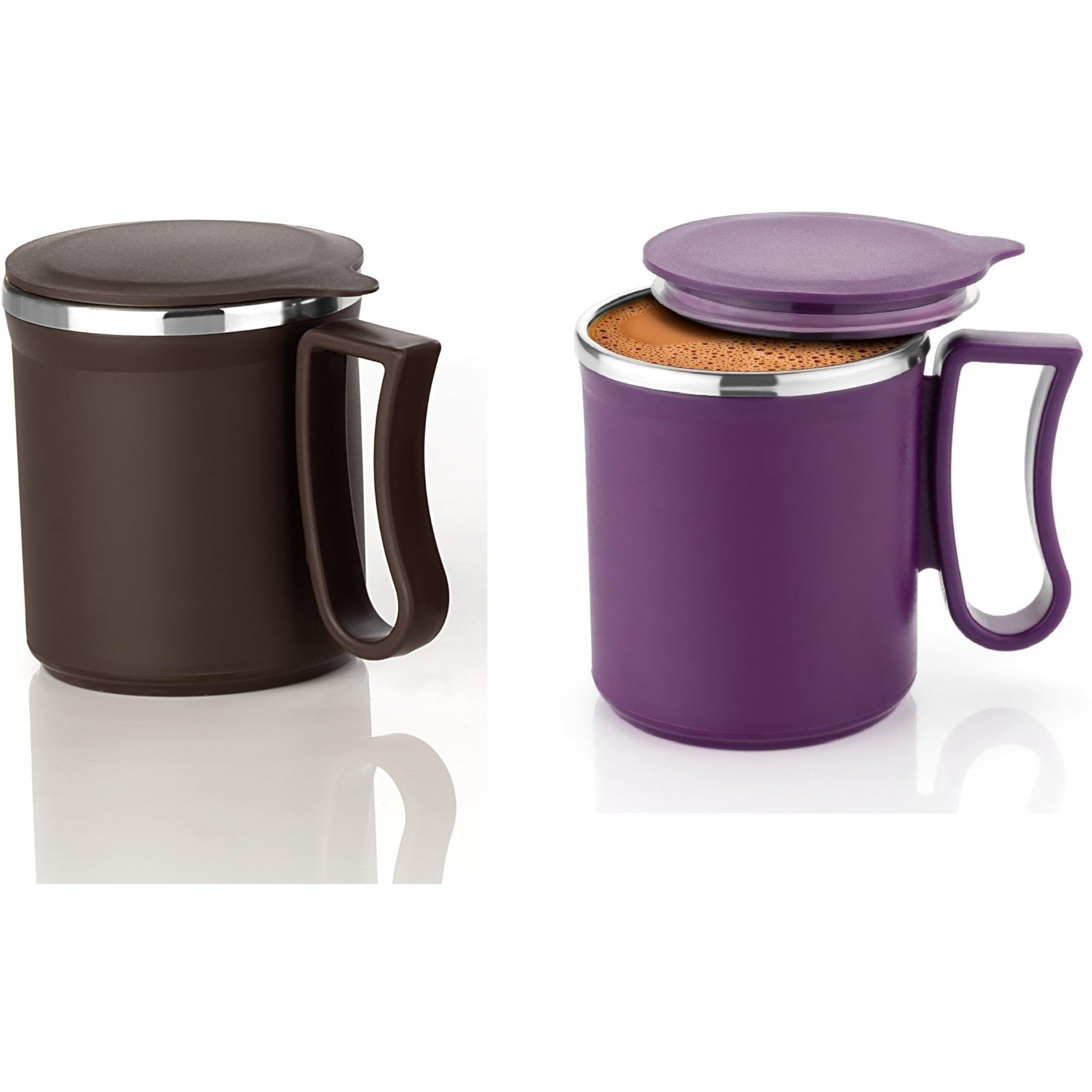 Leawall Coffee Mug With Lid Insulated Stainless Steel For Tea Milk Mug Inner Stylist Double Wall Cup For Home Office Restaurant Use Gift (1 Pc Brown & 1 Pc Purpel)