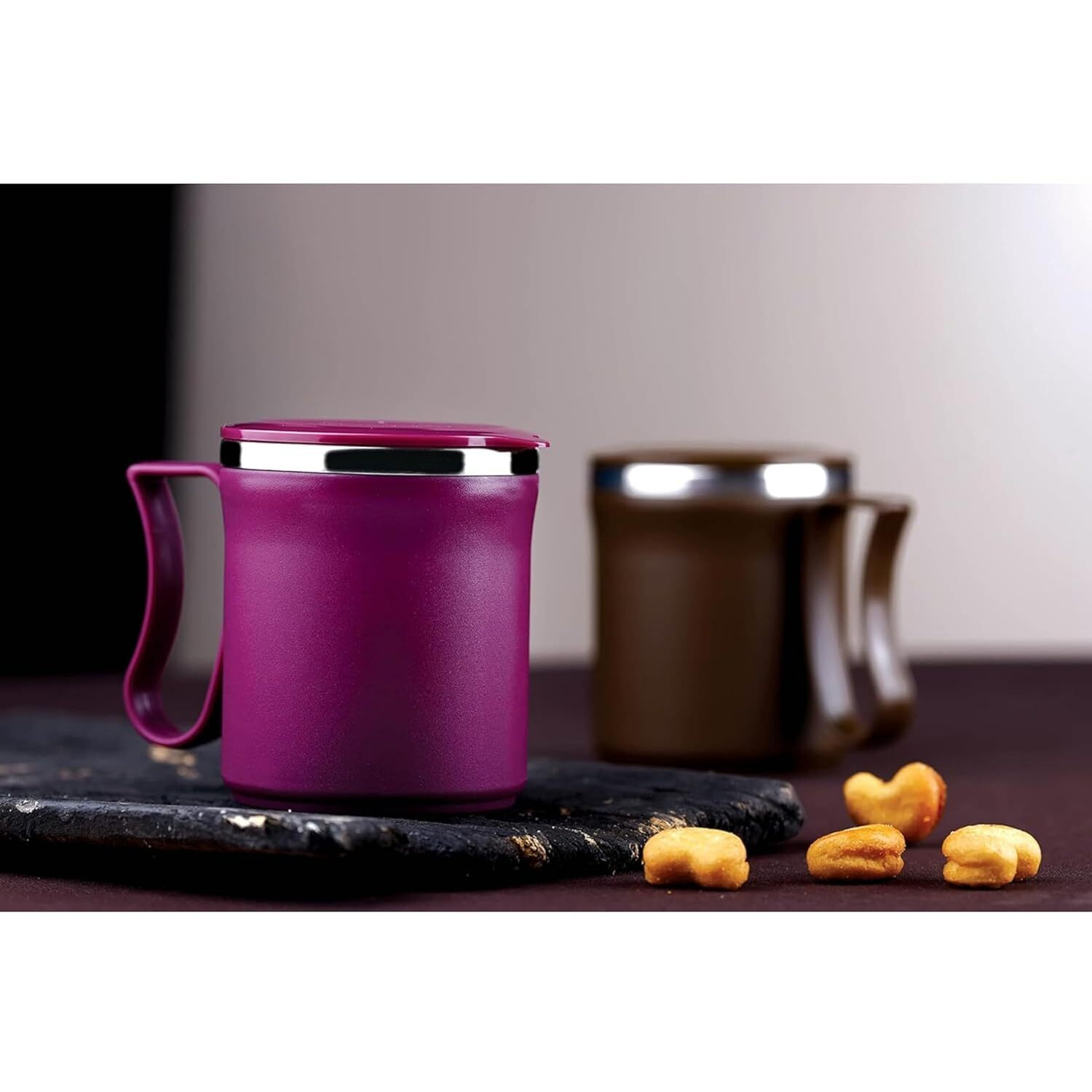 Leawall Coffee Mug With Lid Insulated Stainless Steel For Tea Milk Mug Inner Stylist Double Wall Cup For Home Office Restaurant Use Gift (1 Pc Brown & 1 Pc Purpel)