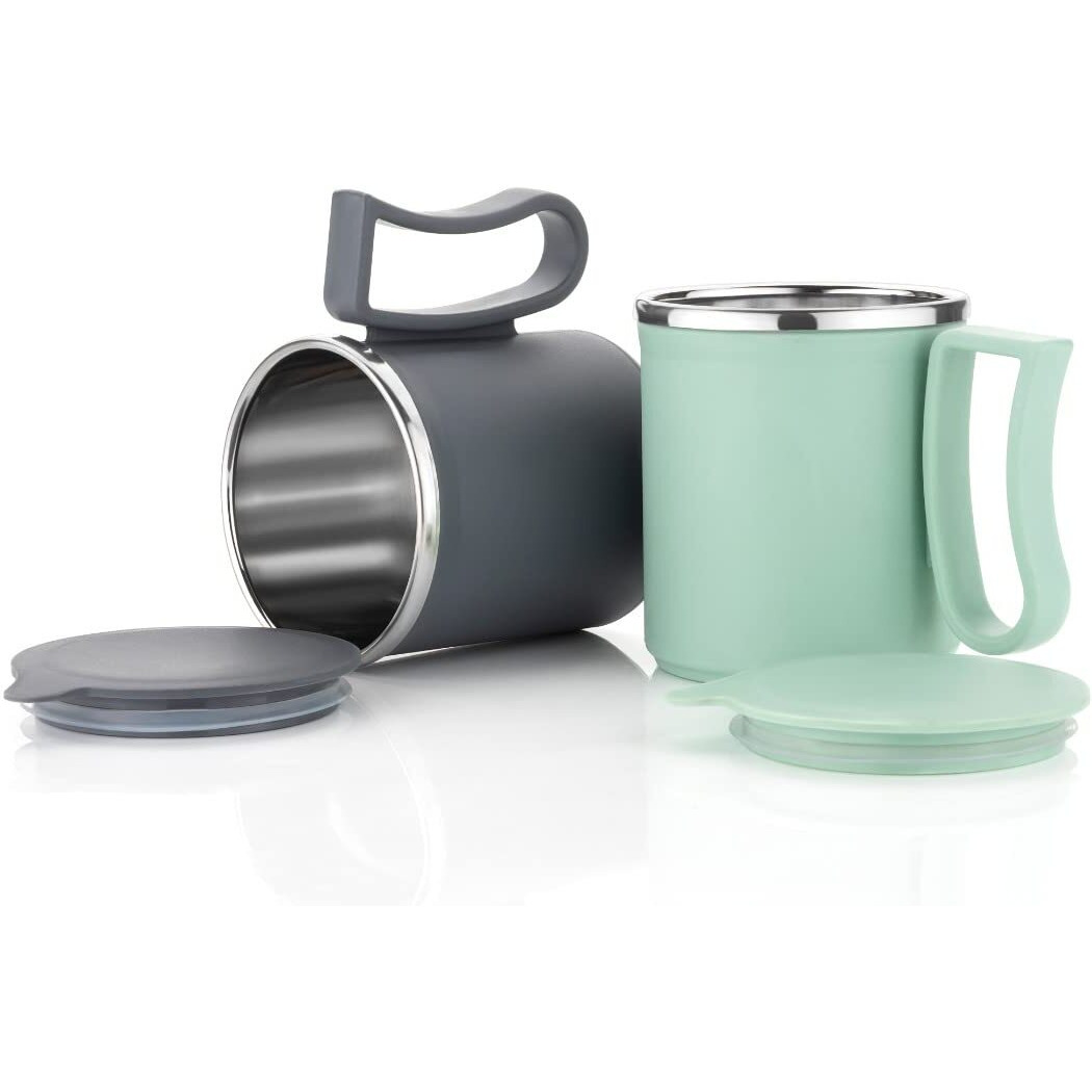 Leawall Coffee Mug With Lid Insulated Stainless Steel For Tea Milk Mug Inner Stylist Double Wall Cup For Home Office Restaurant Use Gift Pack Of (1 Pc Gray & 1 Pc Pista)