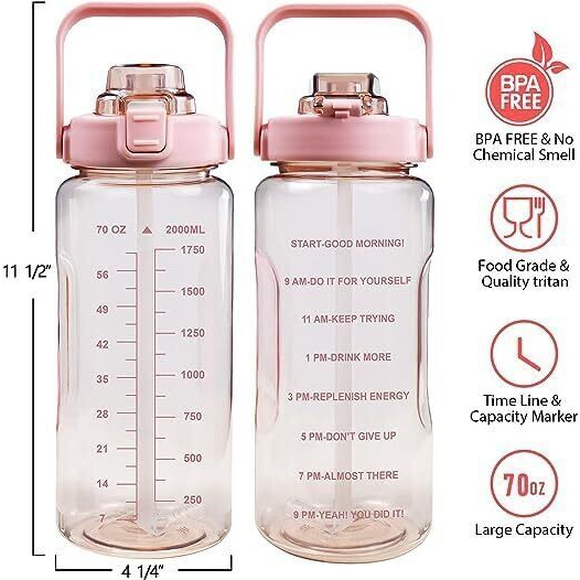 Siopaworld Transparent Motivational Water Bottles With Time Marker Big Plastic Water Drinking Bottle With Straw & Handle Leakproof Bpa Free Fitness,Running,Outdoor,Sports (Multicolor) (Pack Of 1),2L