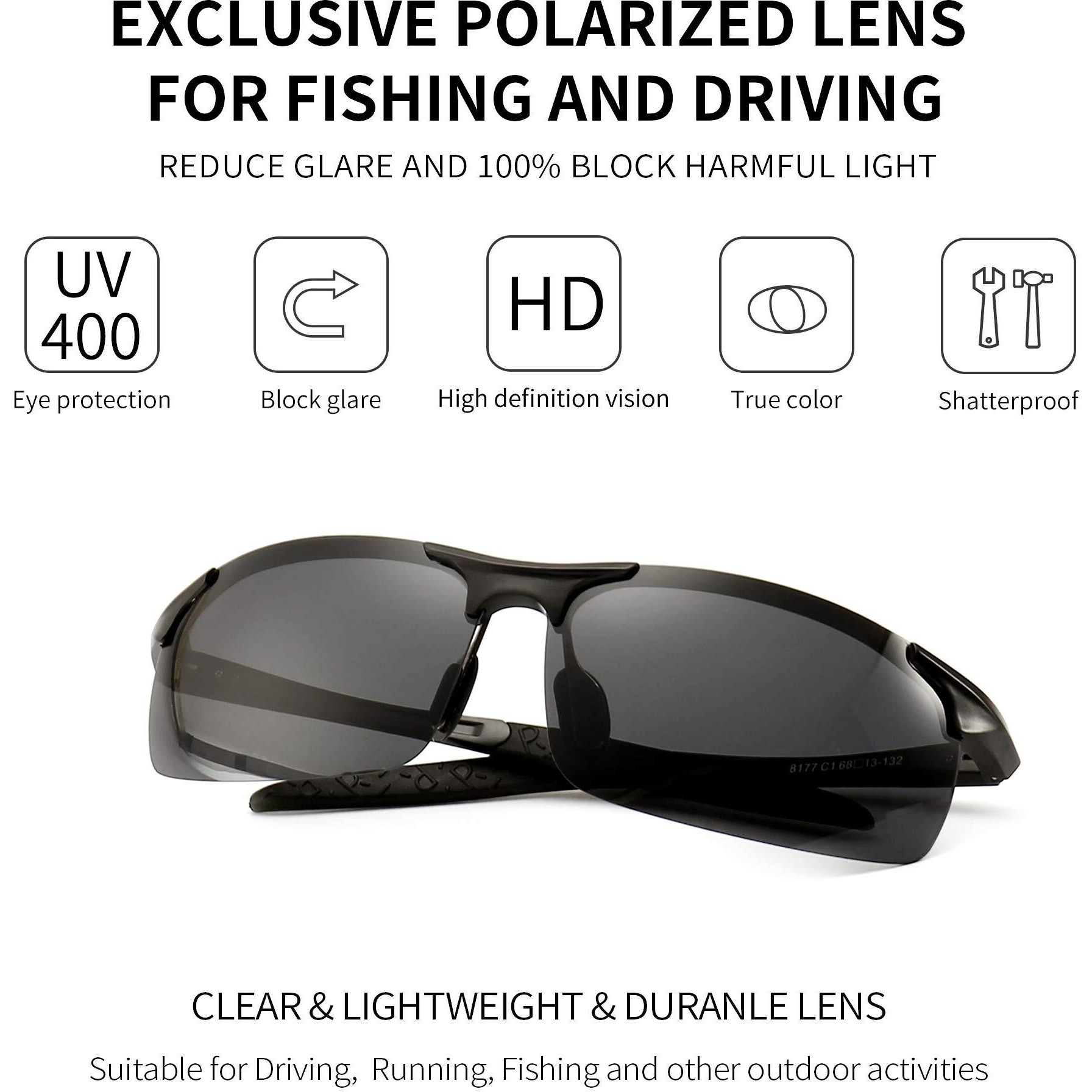 Sungait Hd Polarized Sunglasses For Men Driving Cycling Running Metal Uv400 Sports Goggles, Black