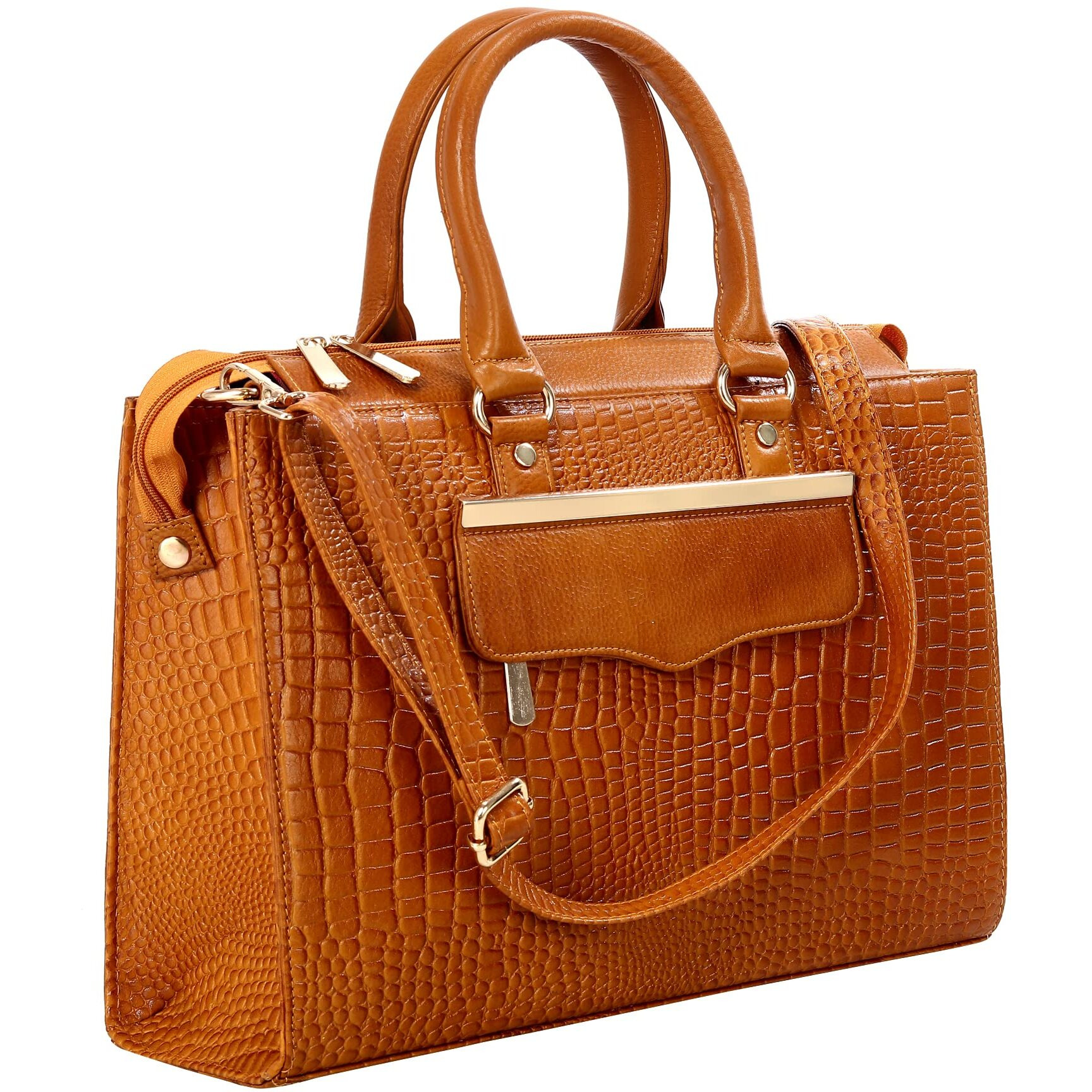 Hyatt Leather Accessories Full-Grain Cro Leather Top-Handle Satchels Tote Handbags & Shoulder Sling Bags For Women Office Branded Size- L-13.5 X H-10.5 X W- 4.6 Inch (Mango Tan)