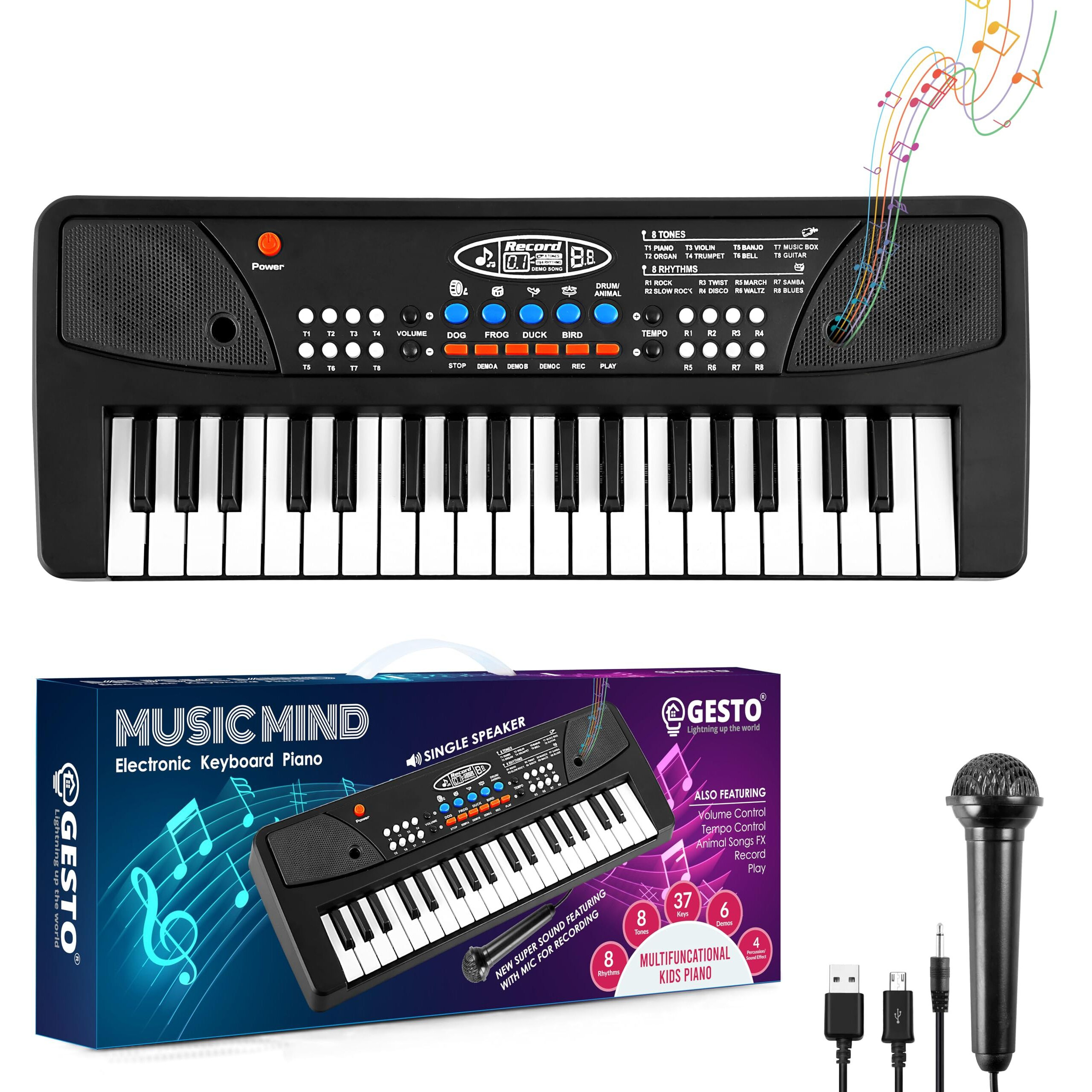 Gesto Kids Keyboard Piano |37 Keys Piano For Kids Electronic Piano With Microphone |Educational Musical Toys For 3 4 5 6 Year Old Boys Girls|Gifts Age 3-5-(Black)