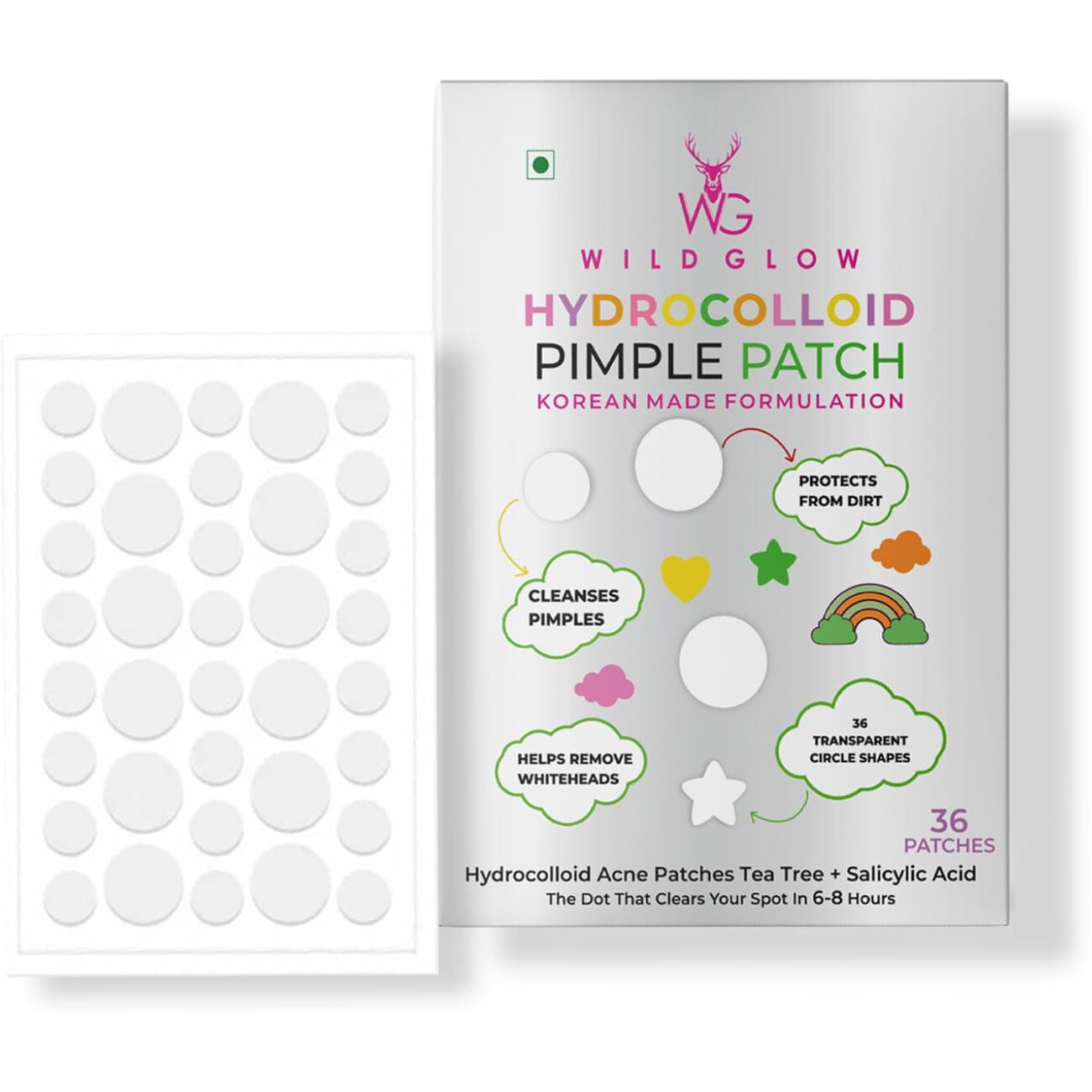 Wildglow Korean Hydrocolloid Overnight Acne Pimple Patch | Heal Pimples, Absorbs Pus-Oil, Reduces Redness | Enriched With 2% Salicylic Acid, Tea Tree Oil & Glycolic Acid | All Skin Types | 36 Patches